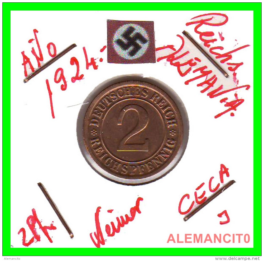 GERMANY - MONEDA DE  2- REICHSPFENNIG AÑO 1924 J  Bronze - 2 Rentenpfennig & 2 Reichspfennig