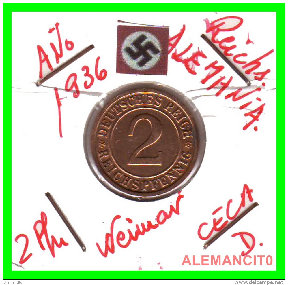 GERMANY - MONEDA DE  2- REICHSPFENNIG AÑO 1936 D  Bronze - 2 Renten- & 2 Reichspfennig