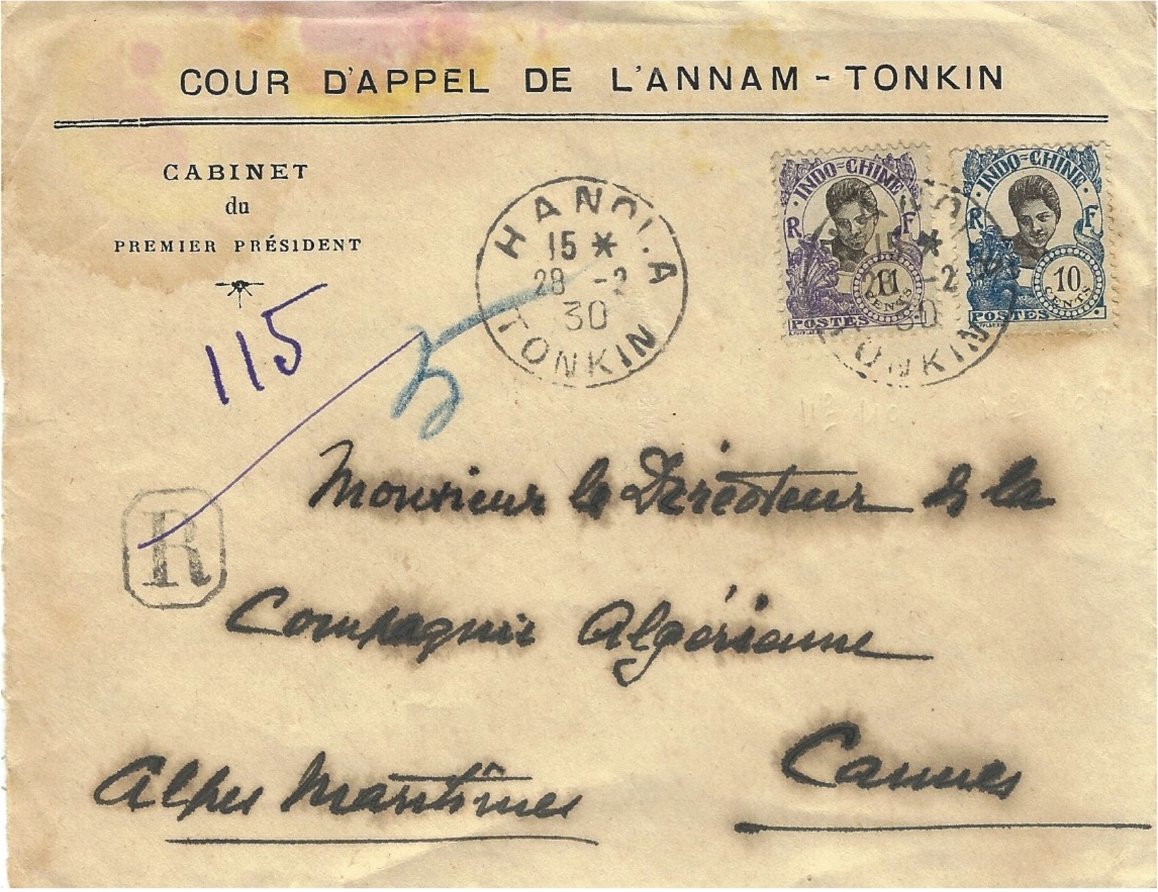 1930- DEVANT De Lettre à En-tête RECC.  D'HANOI-A   Affr. 11 +10 Cents Pour Cannes - Lettres & Documents