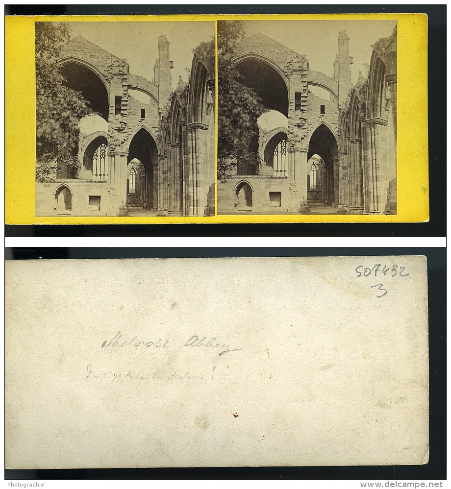 Royaume Uni Scottish Borders Abbaye De Melrose Abbey Ruines Anciennne Photo Stereo 1865 - Stereoscopic