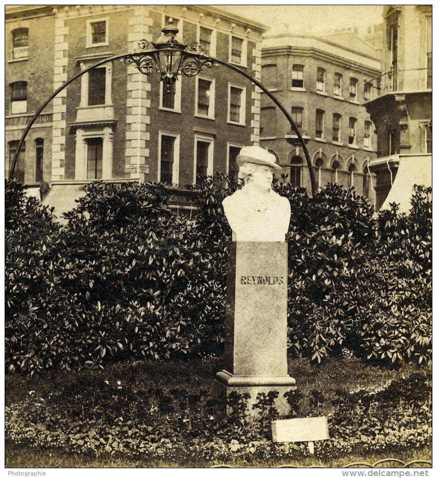 Londres Leicester Square Buste De Sir Joshua Reynolds Anciennne Photo Stereo FGO Stuart 1875 - Fotos Estereoscópicas