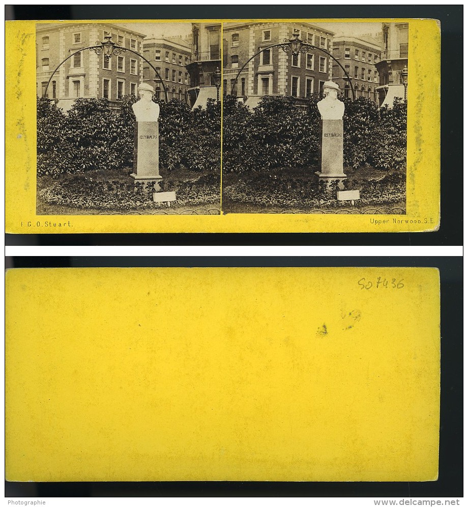 Londres Leicester Square Buste De Sir Joshua Reynolds Anciennne Photo Stereo FGO Stuart 1875 - Stereoscopic