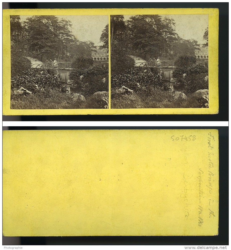 Royaume Uni Derbyshire Buxton Serpentine Walks Dame Sur Un Pont Rustique Anciennne Photo Stereo 1865 - Stereoscopic