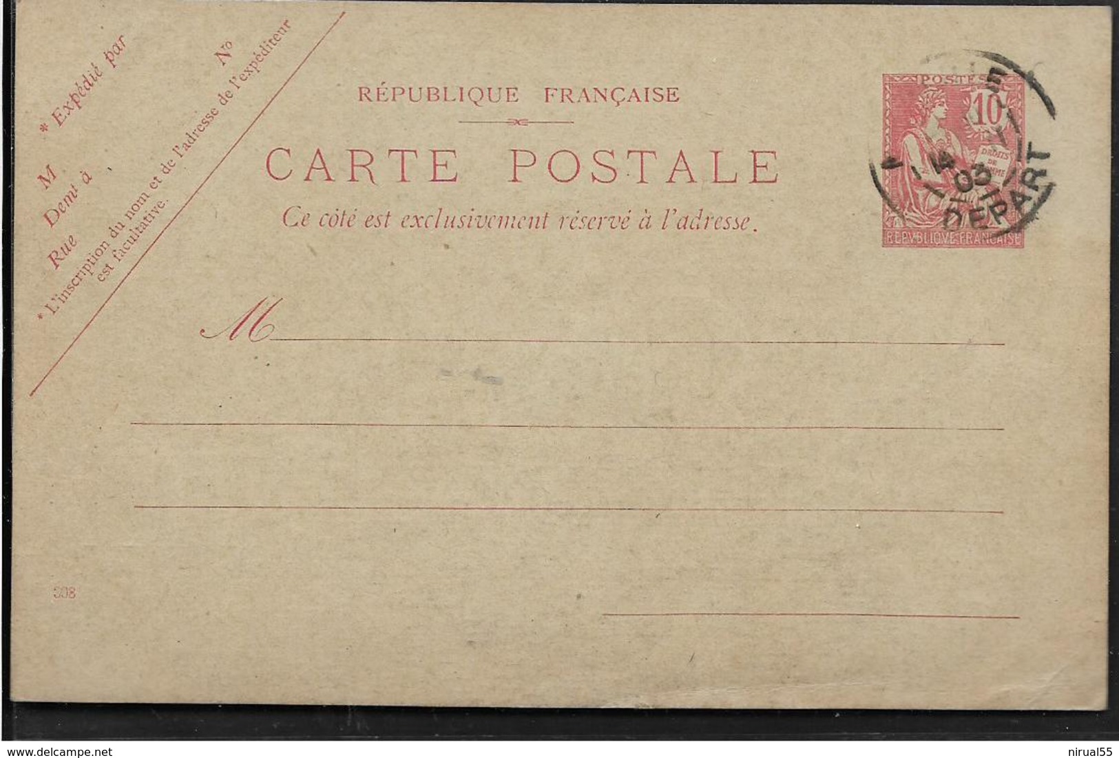 ENTIER POSTAL MARSEILLE Bouches Du Rhône Carte Postale MOUCHON 10c  CAD Marseille Départ 1903 REPIQUAGE Marseille .....G - Cartes Postales Repiquages (avant 1995)