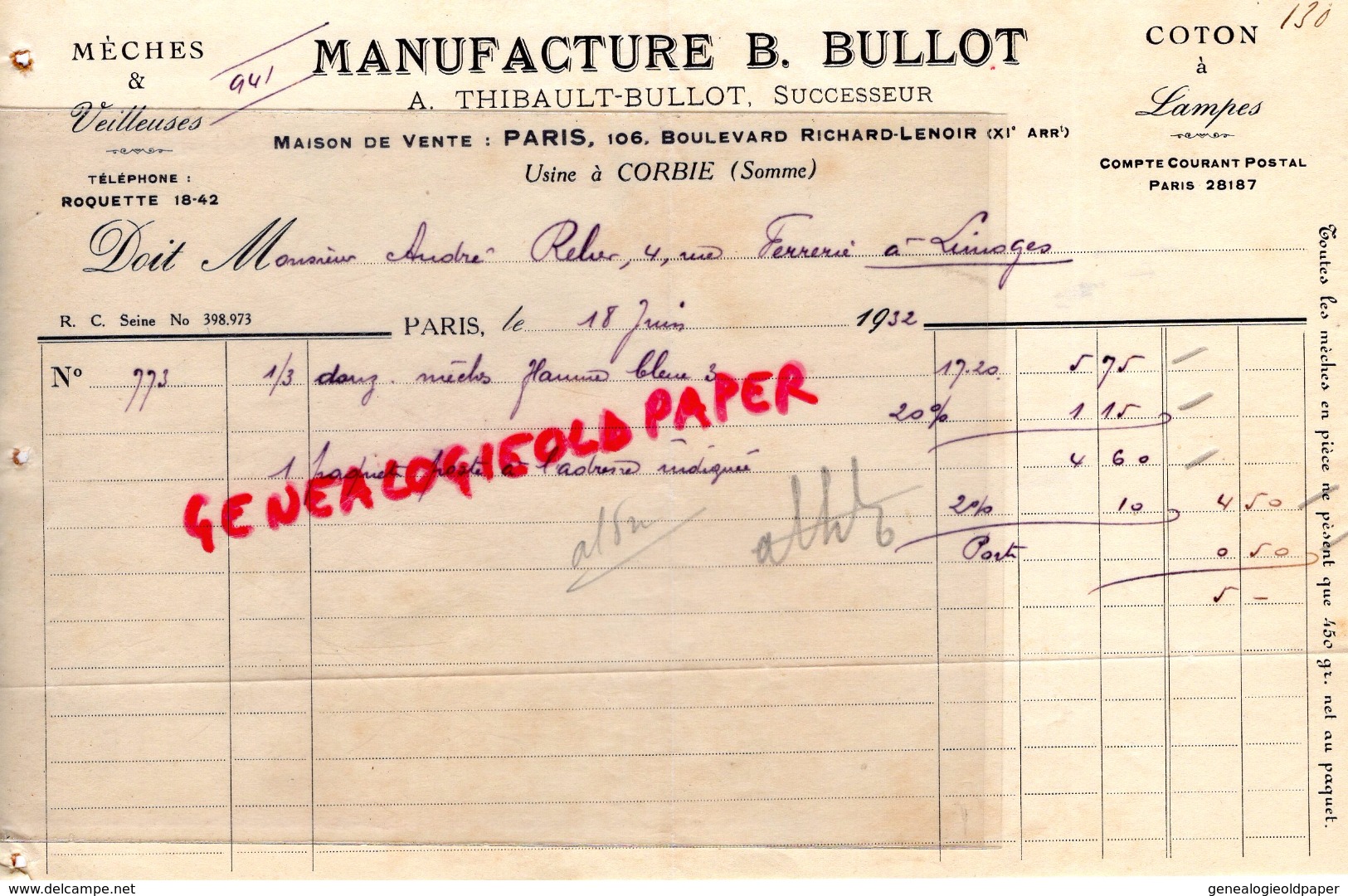75 - PARIS -FACTURE MANUFACTURE B. BULLOT- A.THIBAULT-BULLOT- USINE A CORBIE- 106 BD RICHARD LENOIR- COTON A LAMPES-1932 - 1900 – 1949