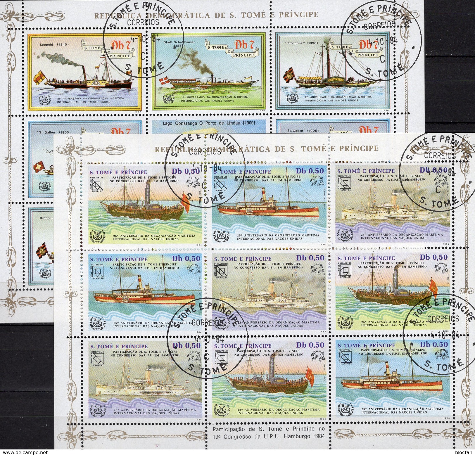 2+3 Schiffe 1984 Sao Tome 912/5+909/1 KB O 30&euro; Dampfer Schaffhausen Suisse Blocs Ships Sheetlets Bf St.Thomas-Insel - Sao Tomé E Principe