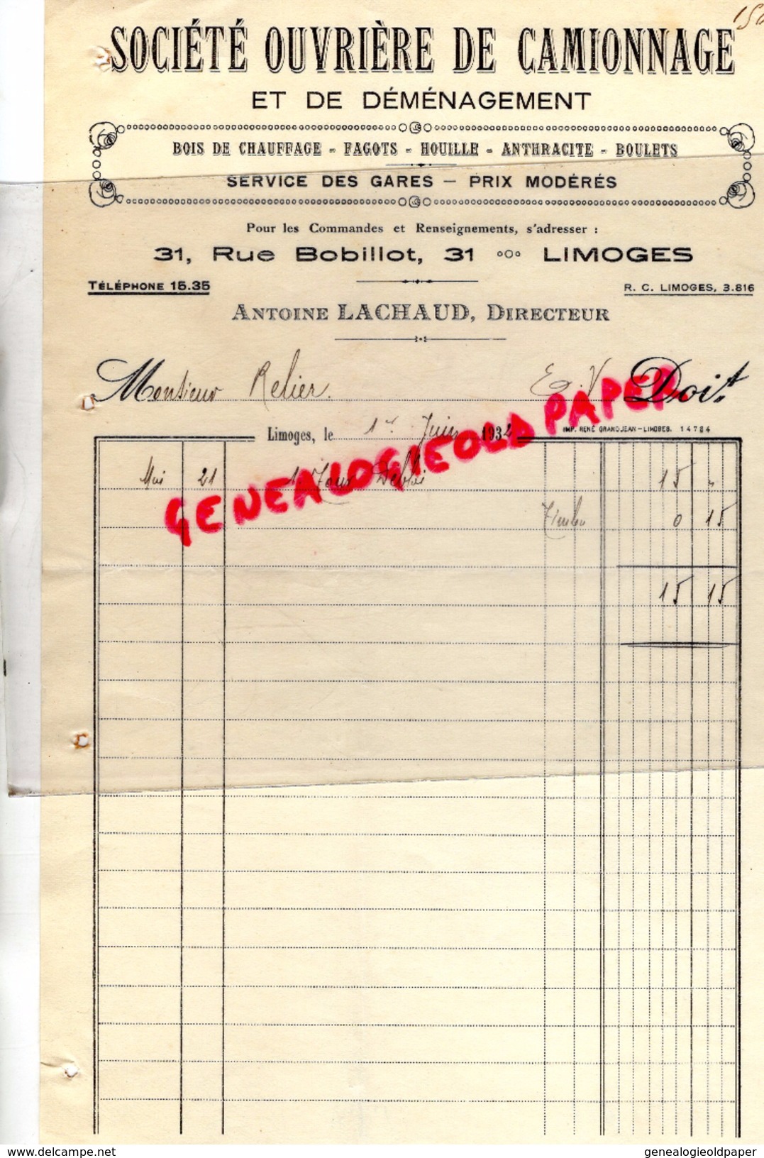 87 - LIMOGES - FACTURE SOCIETE OUVRIERE CAMIONNAGE DEMENAGEMENT- 31 RUE BOBILLOT- ANTOINE LACHAUD- 1932 - Transportmiddelen