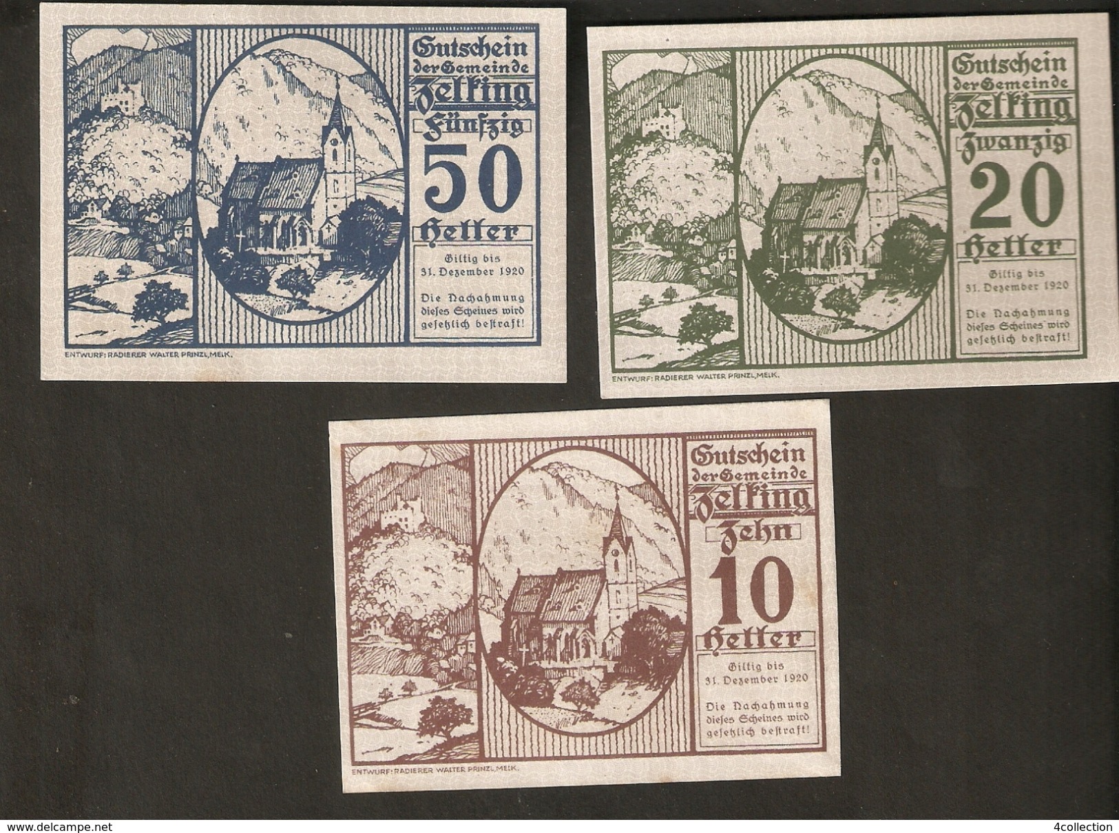 P36-13. Austria Gutschein D. Gemeinde ZELKING In Nieder-Österreich 50 & 20 & 10 Heller 1920 Austrian Notgeld 3psc. - Austria