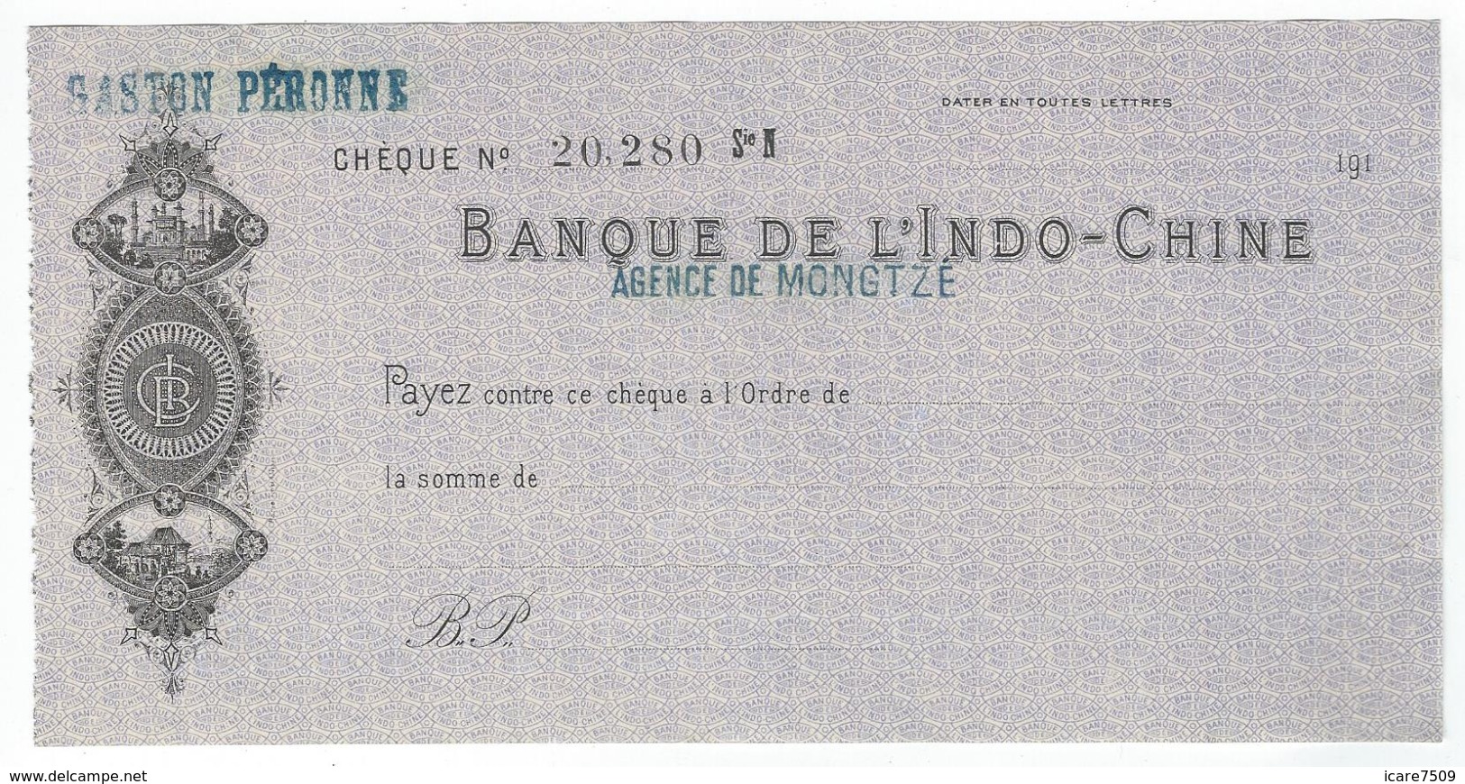 Chèque Banque De L'Indo-Chine - Agence De MONGTZE (Chine)   - (années 191O à 1919) - Chèques & Chèques De Voyage