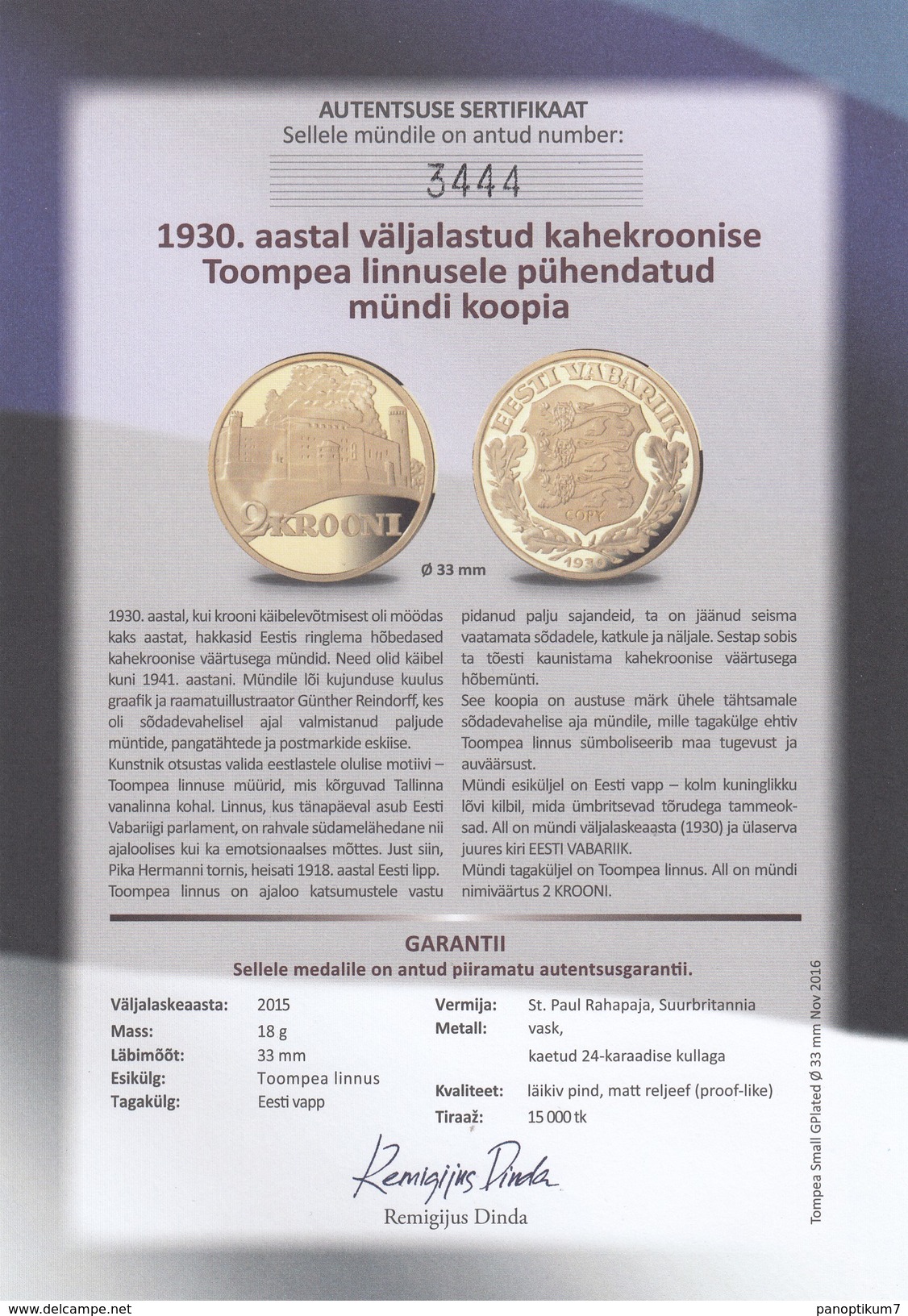 Estonia Replica Of 1930  2 Krooni TOOMPEA Coin,gold Plated,unopened With A Certificate - Estonia