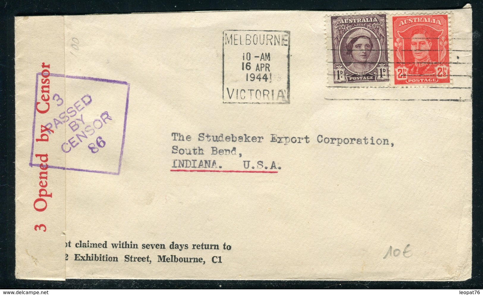 Australie - Enveloppe De Melbourne Pour Les U.S.A. En 1944 Avec Contrôle Postal   Ref M 9 - Cartas & Documentos