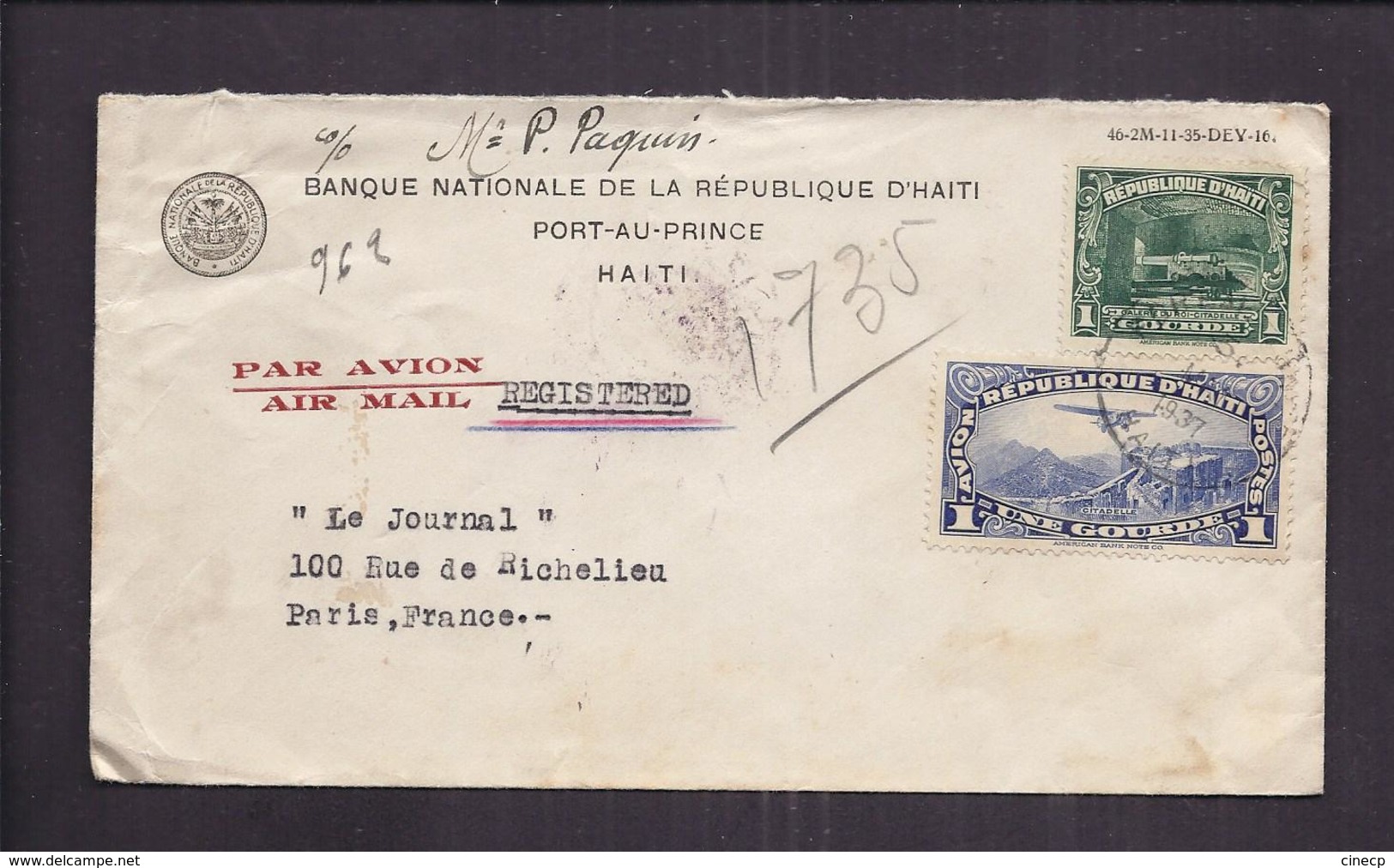 ENVELOPPE 1937 BANQUE NATIONALE DE LA REPUBLIQUE D' HAITI PORT AU PRINCE Recommandé PAR AVION Ny MIAMI ? - Haiti