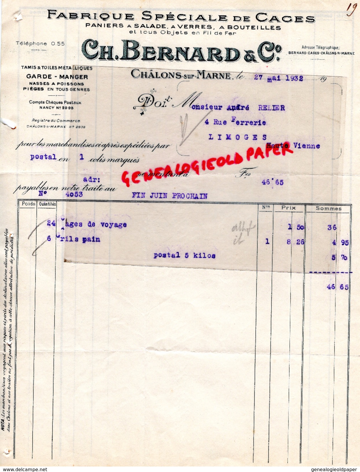 51- CHALONS SUR MARNE- FACTURE CH. BERNARD -FABRIQUE SPECIALE DE CAGES-PANIER A SALADE- A VERRES -A BOUTEILLES-1932 - Petits Métiers