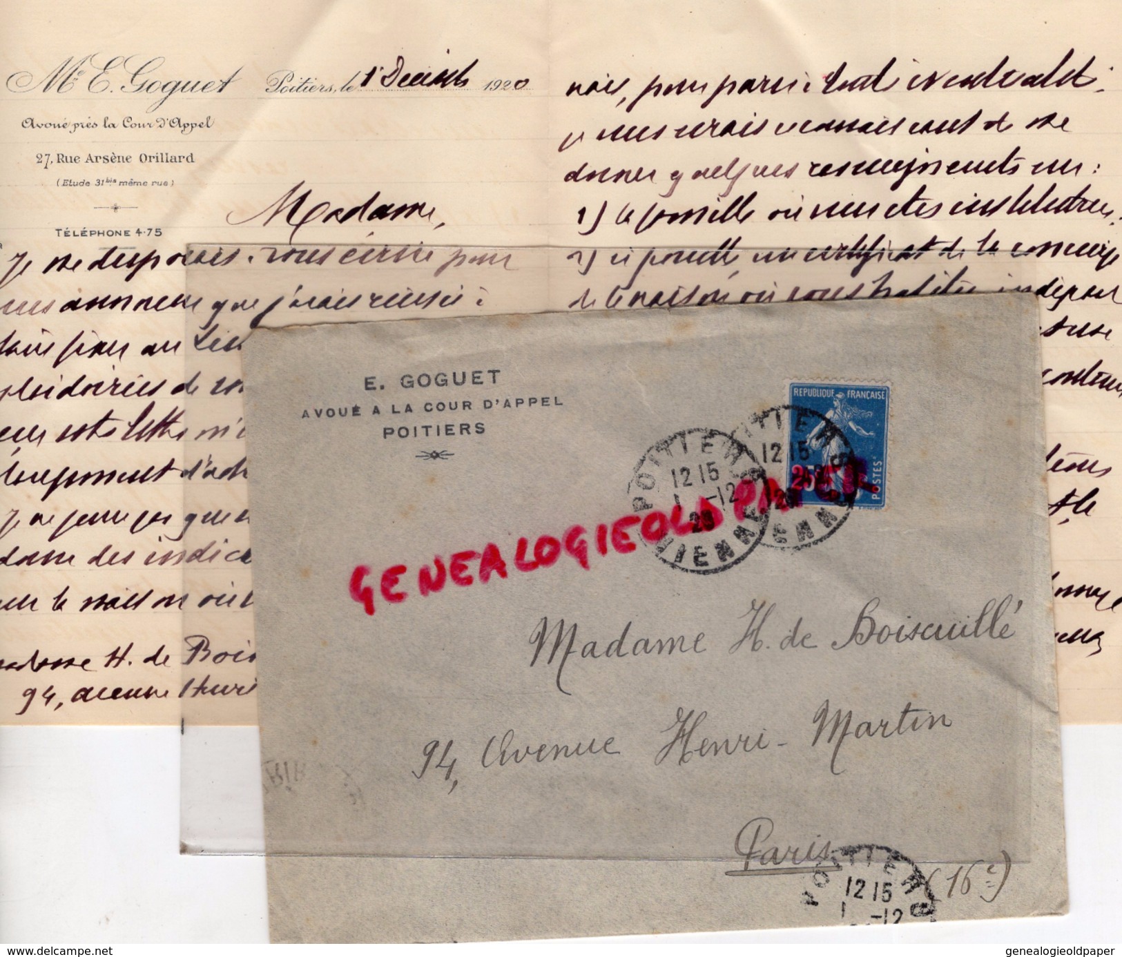 86 - POITIERS- ENVELOPPE + LETTRE MANUSCRITE SIGNEE E. GOGUET -AVOUE COUR APPEL-TRIBUNAL-1920 - 27 RUE ARSENE ORILLARD- - 1900 – 1949