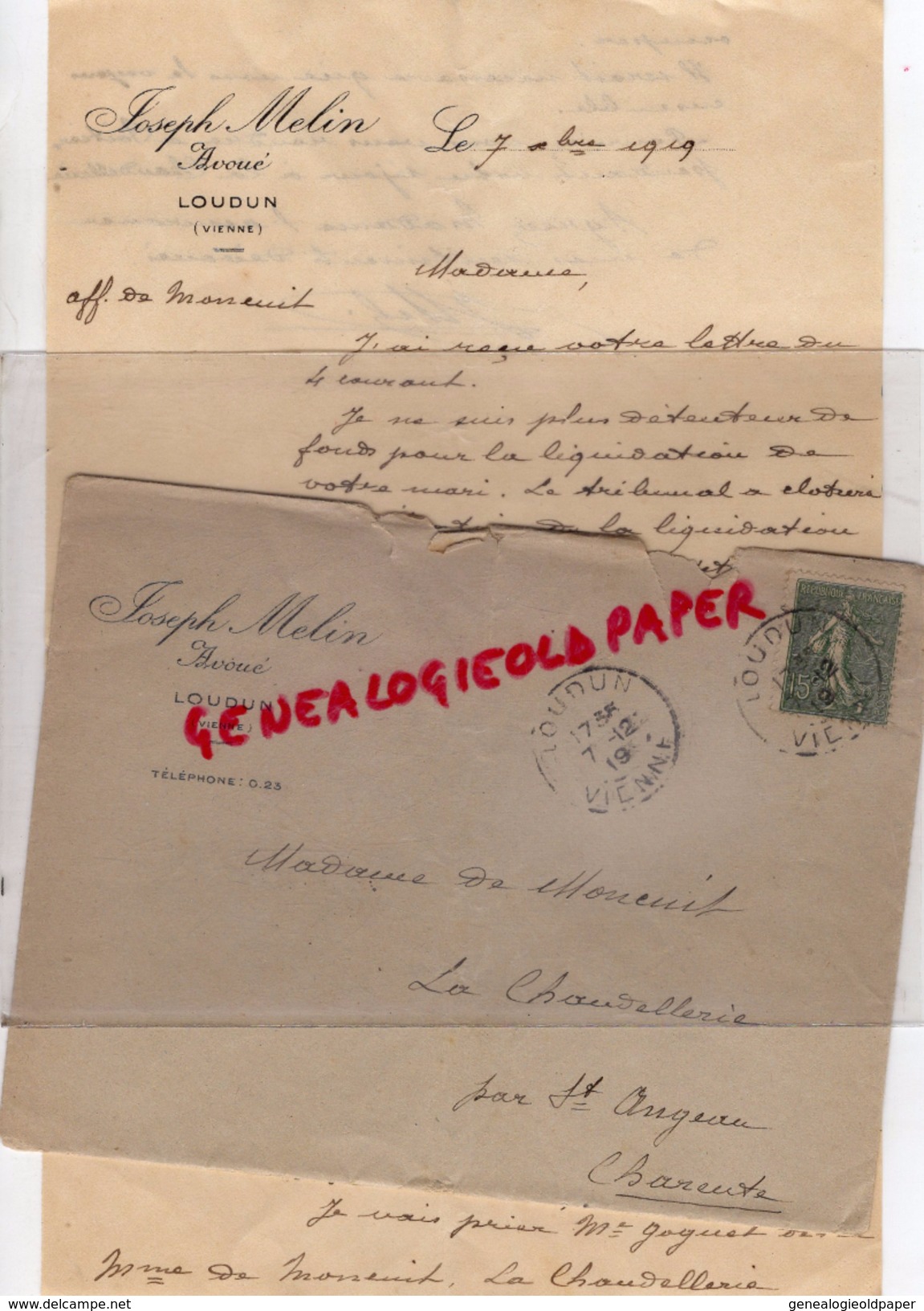 86 - LOUDUN - ENVELOPPE + LETTRE MANUSCRITE SIGNEE JOSEPH MELIN - AVOUE TRIBUNAL-1919 - 1900 – 1949