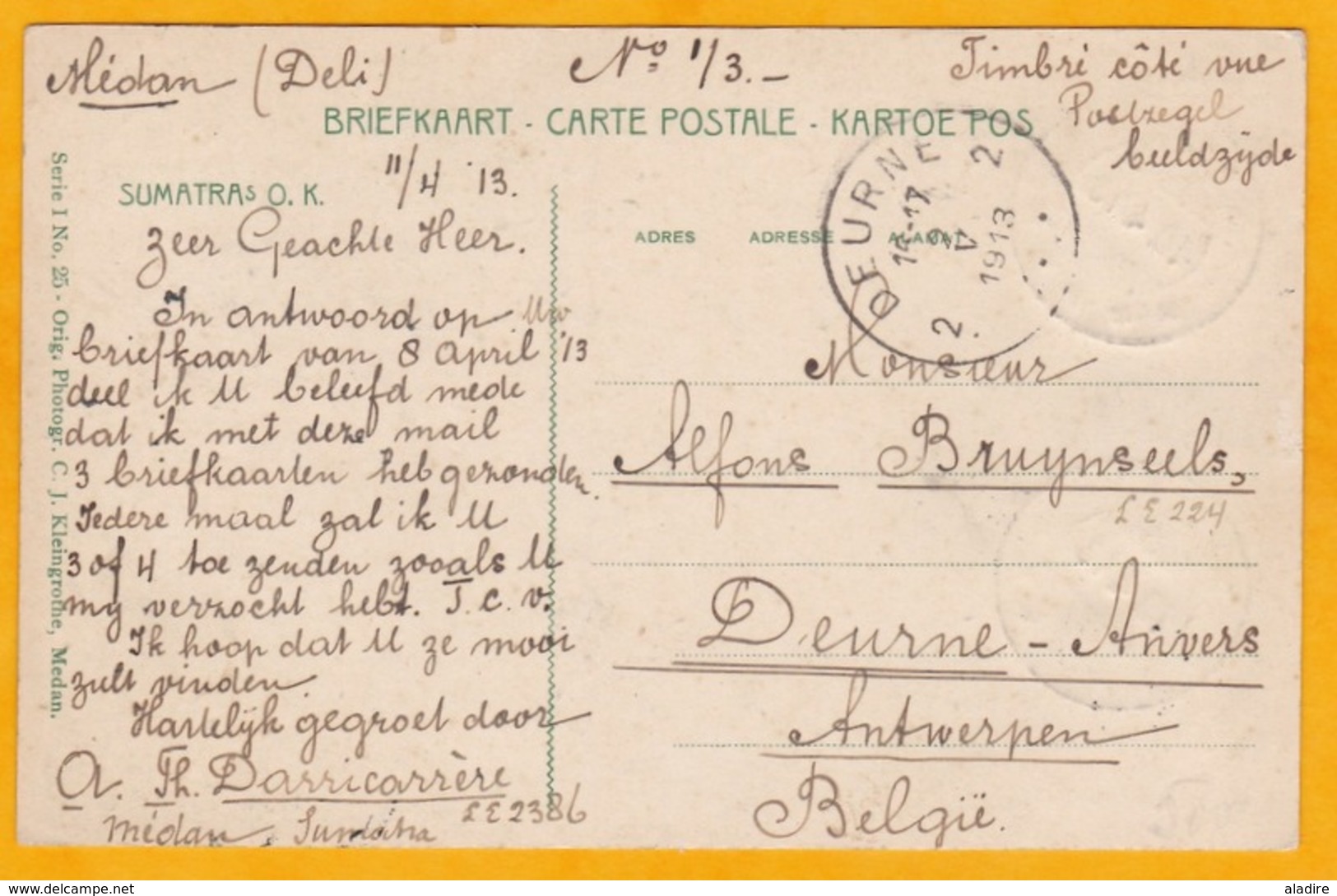 1913 - CP De Medan, Sumatra, Indes Néerlandaises Vers Anvers, Belgique - Affrt 5 Cent - Vue Un "ancien Cannibale" - Niederländisch-Indien