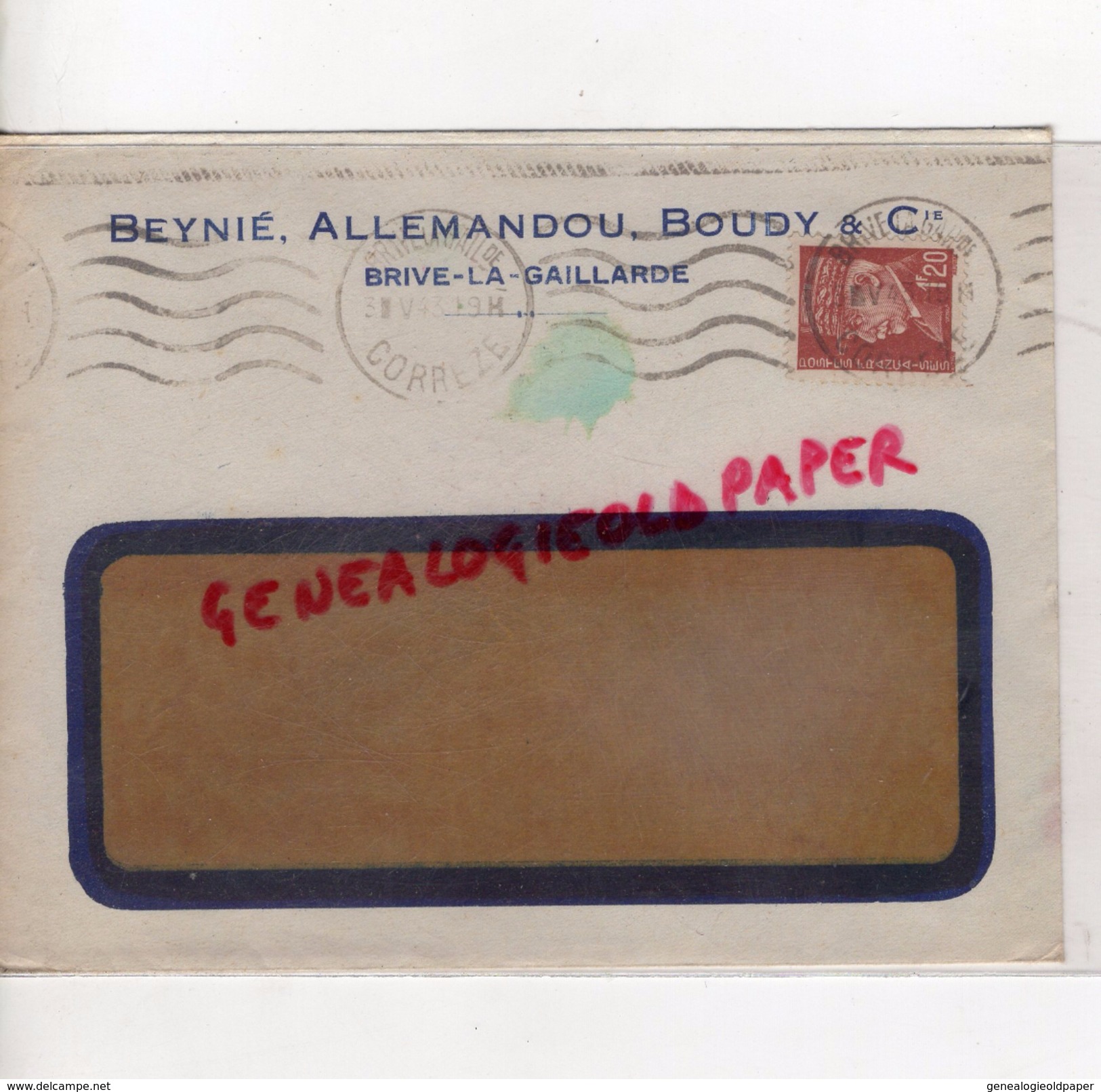 19 - BRIVE- ENVELOPPE BEYNIE - ALLEMANDOU - BOUDY- 1943 - 1900 – 1949