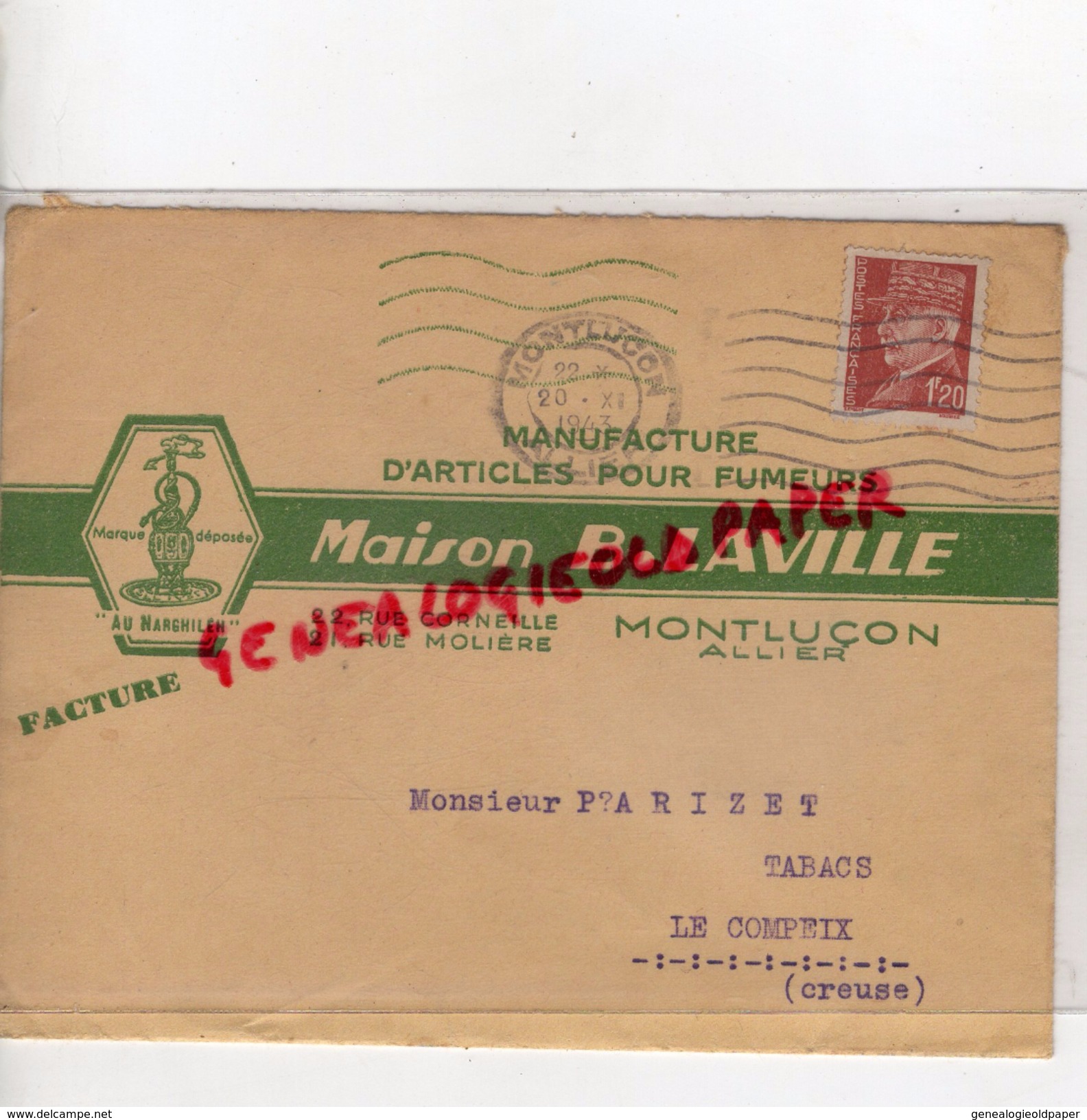 03 - MONTLUCON - ENVELOPPE MAISON B. LAVILLE- MANUFACTURE ARTICLES POUR FUMEURS- AU NARGHILEH-22 RUE CORNEILLE -1943 - 1900 – 1949