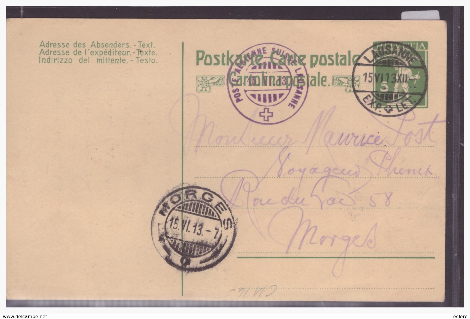 AVIATION MILITAIRE SUISSE - POSTE AERIENNE - VOL LAUSANNE MORGES 15.VI.1913 - TB - Lausanne