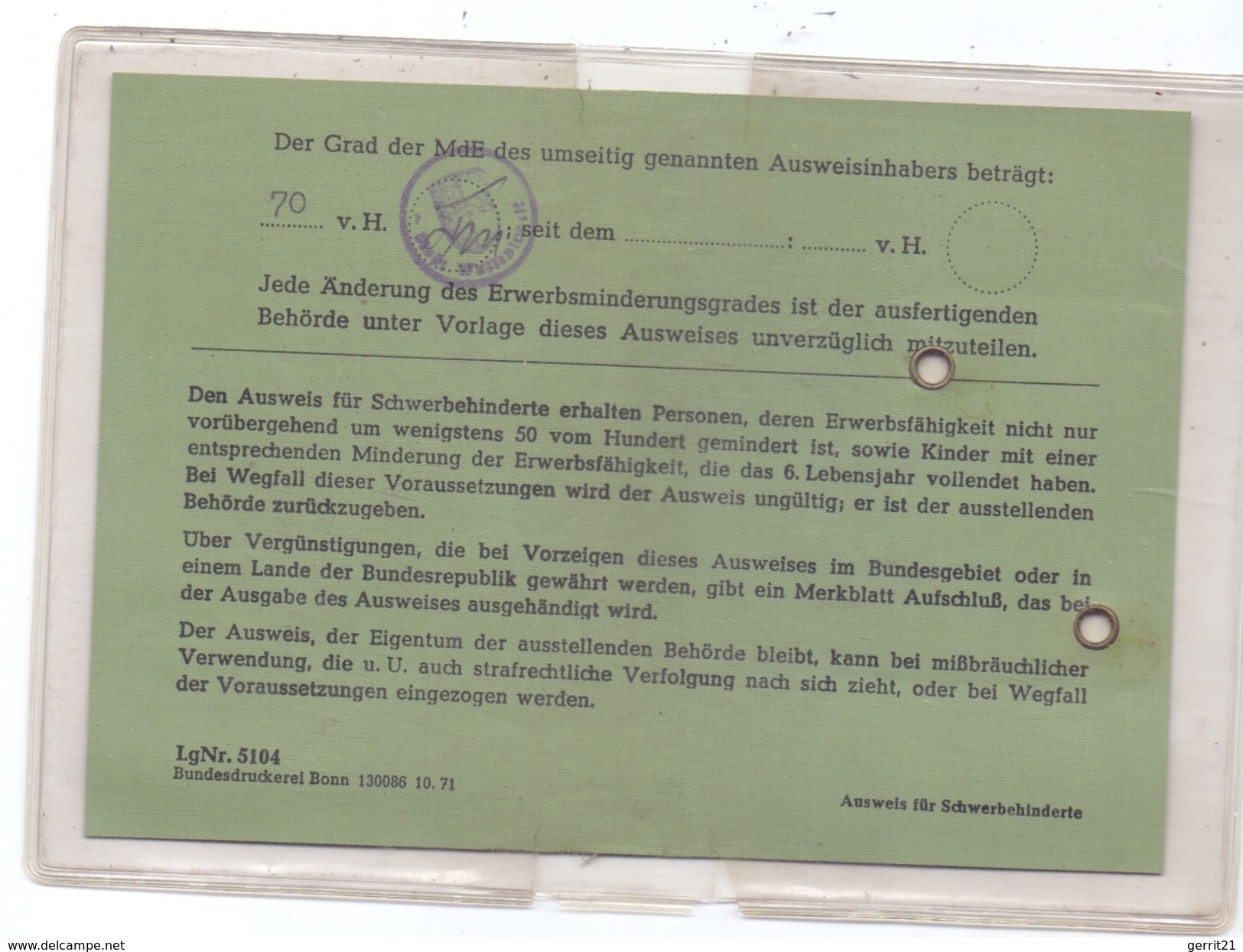 AUSWEIS - Schwerbehinderten-Ausweis, 1980, Bochum-Wattenscheid - Historical Documents