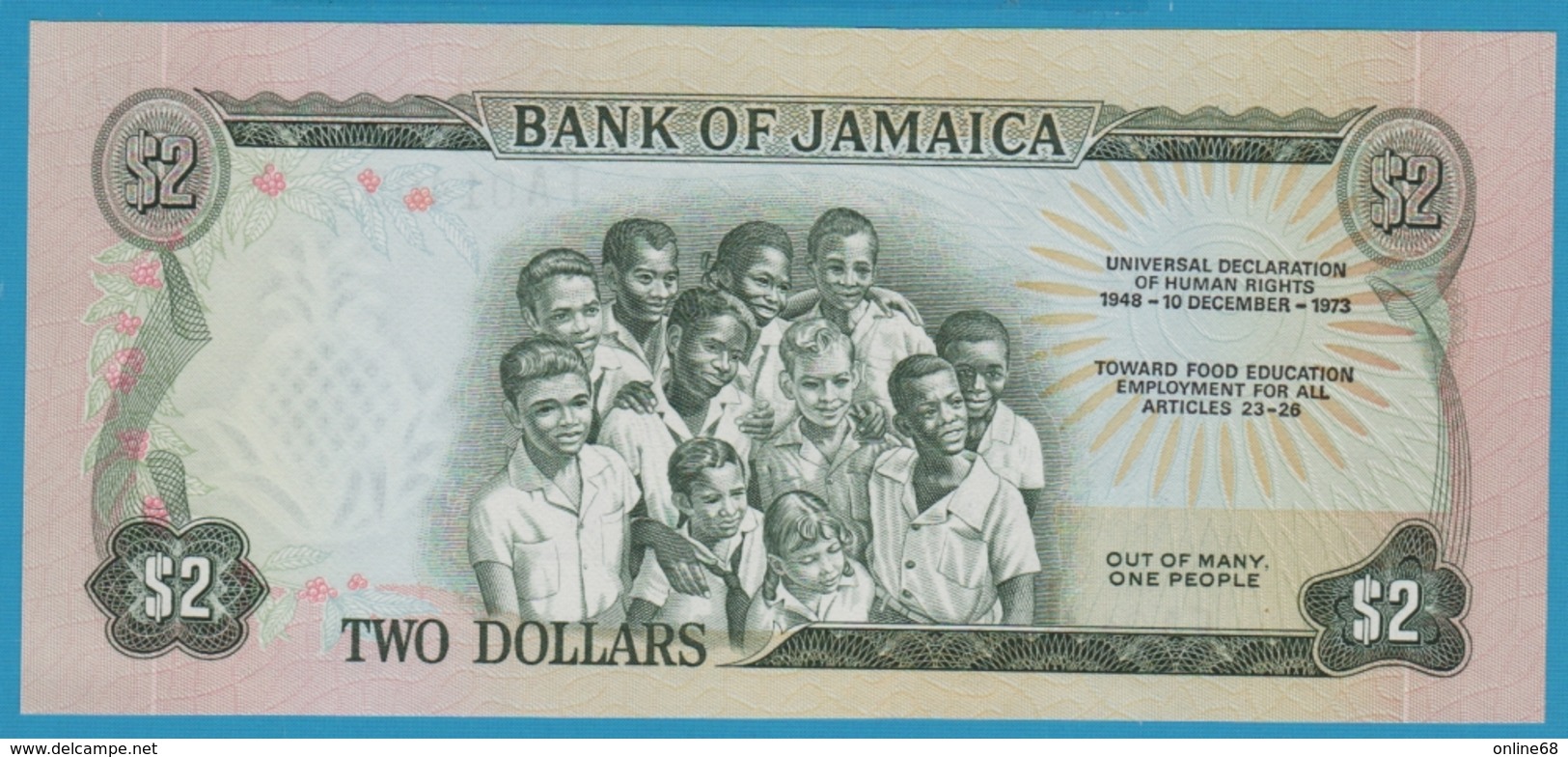 JAMAICA 2 Dollars L. 1960 (1970) 25th Anniversary Declaration Of Human Rights (1948-1973) P# 58 - Jamaica