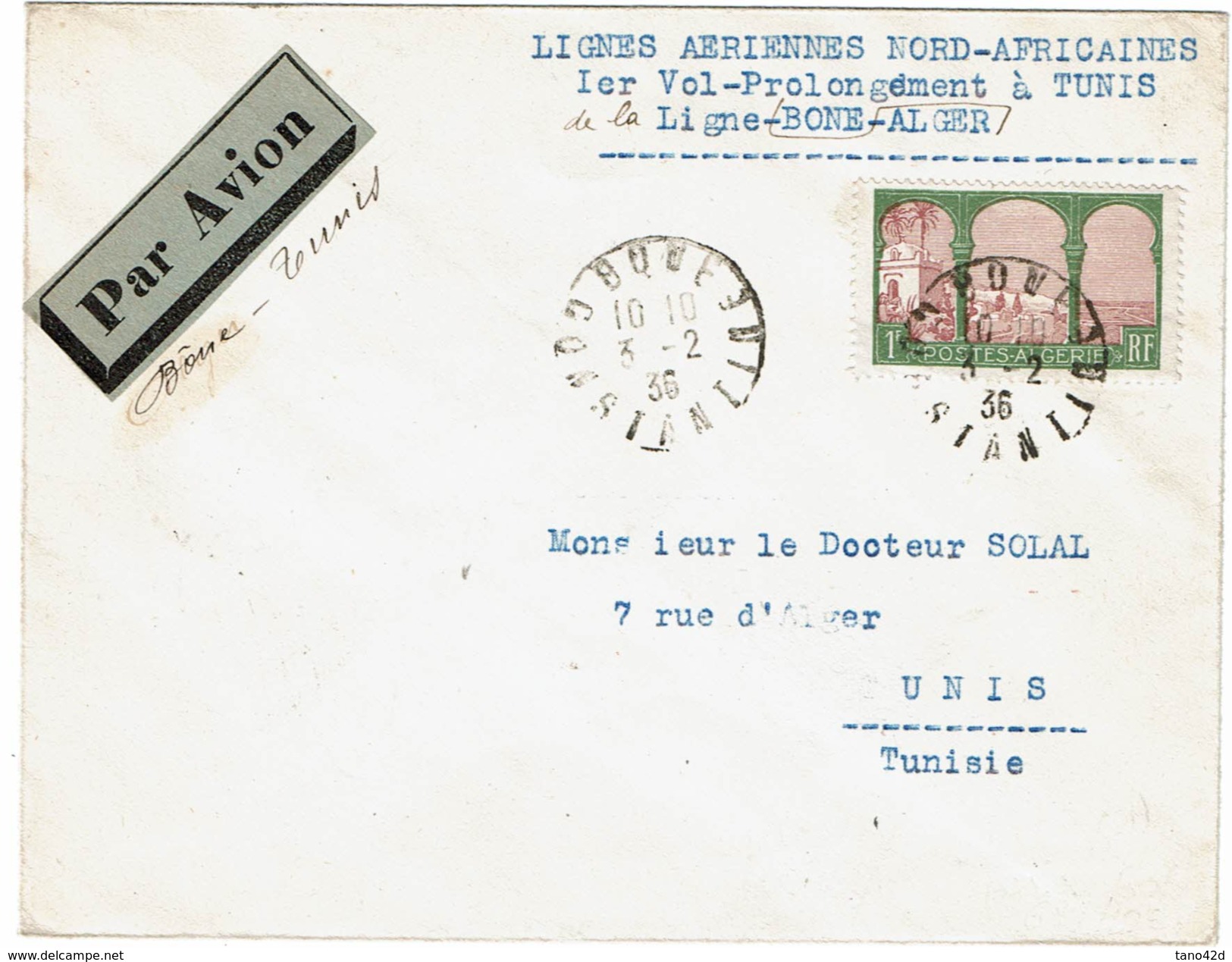 LMON1 - ALGERIE LIGNEA AERIENNES NORD-AFRICAINES 1er VOL BONE-TUNIS 3/2/1936 - Luchtpost