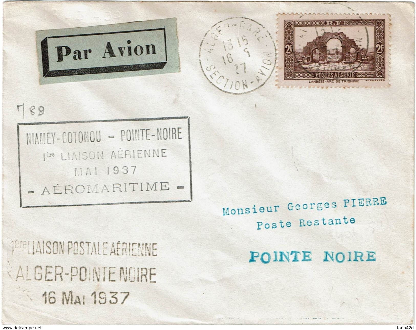LMON1 - ALGERIE 1ère LIAISON AERIENNE NIAMEY-COTONOU-POINTE NOIRE 16/5/1937 - Luchtpost