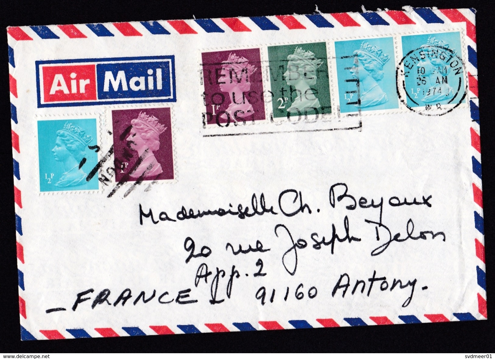 UK: Airmail Cover Kensington Via London To France, 1974, 6 Stamps Machin, Booklet Strip, Cancel London (traces Of Use) - Cartas & Documentos