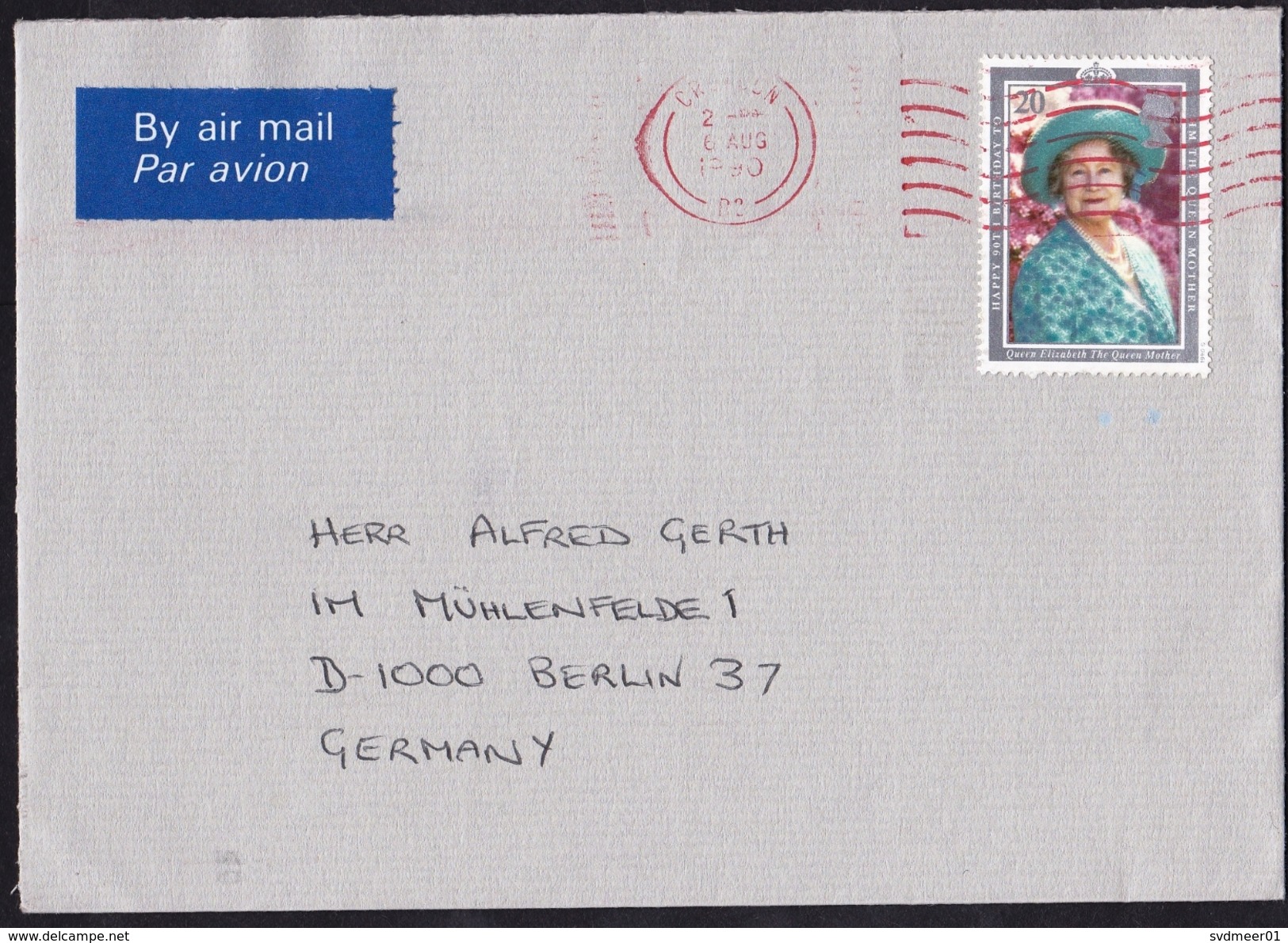 UK: Airmail Cover To Germany, 1990, 1 Stamp, Queen Mother, Red Cancel, Air Label (traces Of Use) - Brieven En Documenten