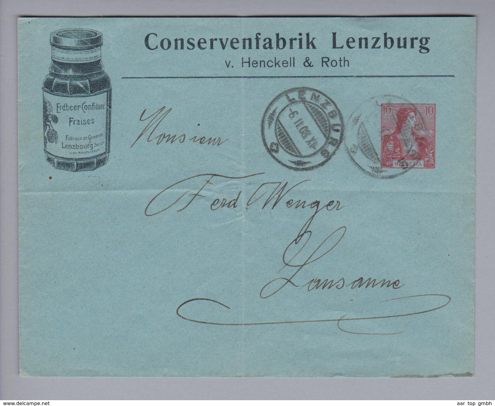 Motiv Lebensmittel Lenzburg 1908-02-06 Illustrierte Privat-Ganzsache Conservenfabrik Lenzburg(Hero) - Alimentation