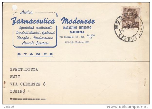 MICHELANGELO PAINTING, STAMPS ON DRUGSTORE HEADER POSTCARD, 1963, ITALY - 1961-70: Oblitérés