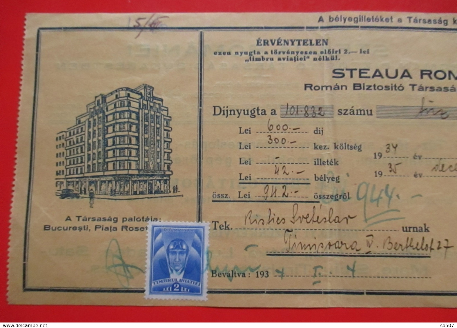 X1 - Check, Cheque, Promissory Note, Bill Of Exchange, Romania 1934. With Stamp - Cheques & Traverler's Cheques