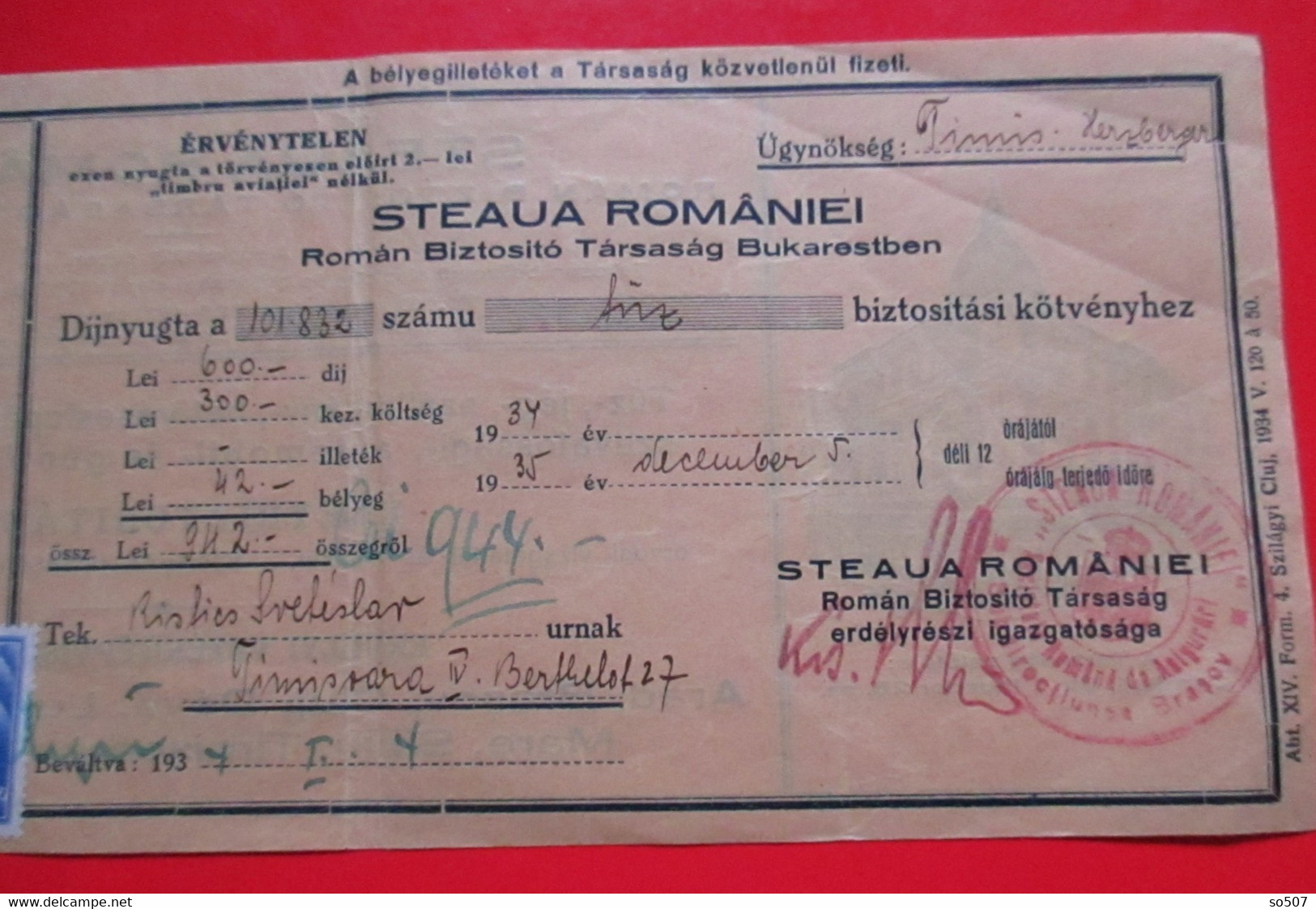 X1 - Check, Cheque, Promissory Note, Bill Of Exchange, Romania 1934. With Stamp - Chèques & Chèques De Voyage