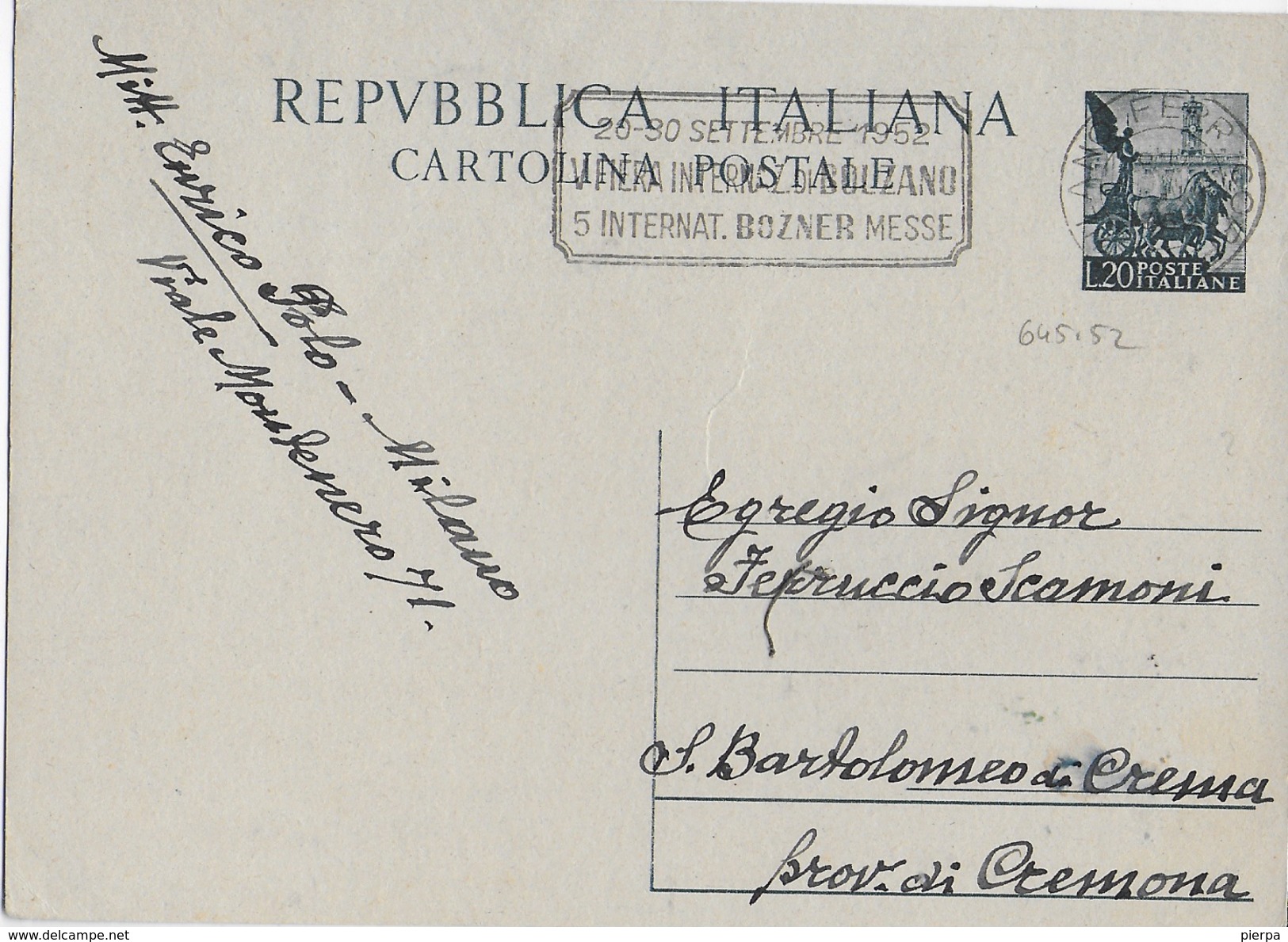 ANNULLO A TARGHETTA "FIERA BOLZANO..." 1952 UFF. MILANO - ORNAGHI 645.52 SU INTERO QUADRIGA - 1946-60: Storia Postale