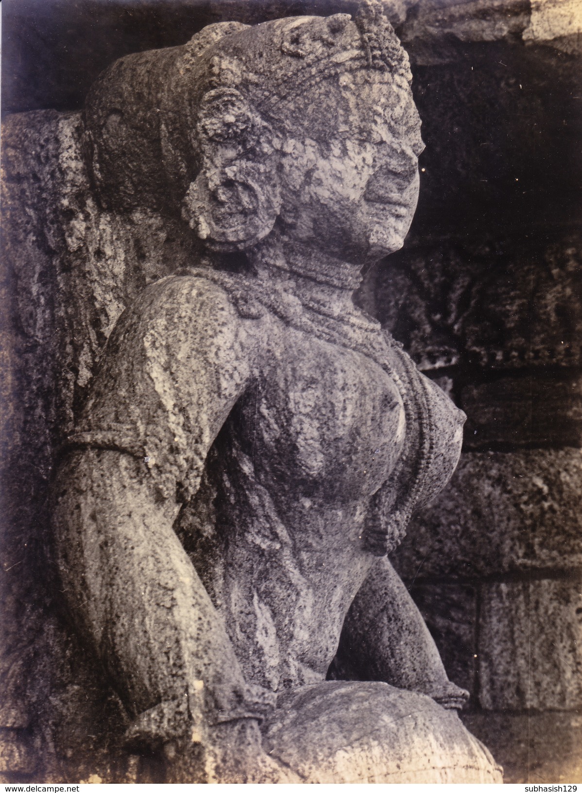 INDIA, OLD BLACK & WHITE BIG, RARE SIZE ORIGINAL PHOTOGRAPH - INDIAN TRADITIONAL STONE SCULPTURE / ARCHITECTURE, NYMPH - Other & Unclassified