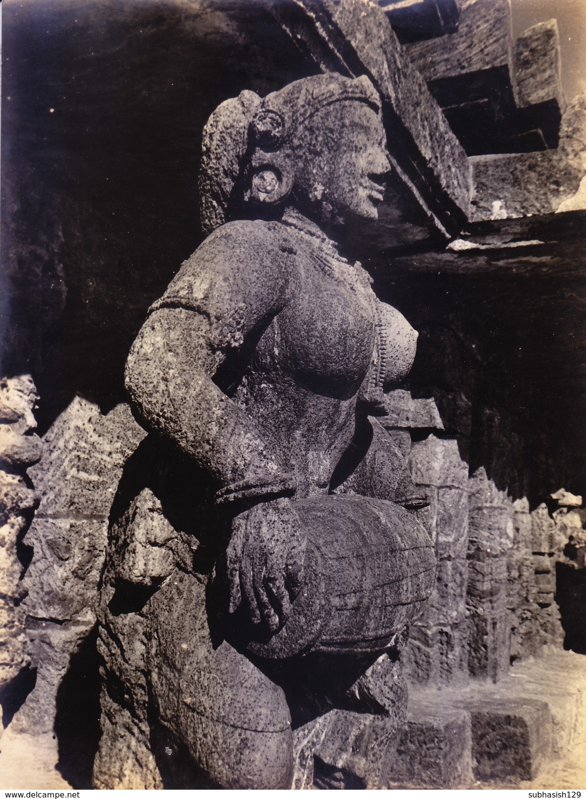 INDIA, OLD BLACK & WHITE BIG, RARE SIZE ORIGINAL PHOTOGRAPH - INDIAN TRADITIONAL STONE SCULPTURE / ARCHITECTURE, NYMPH - Other & Unclassified