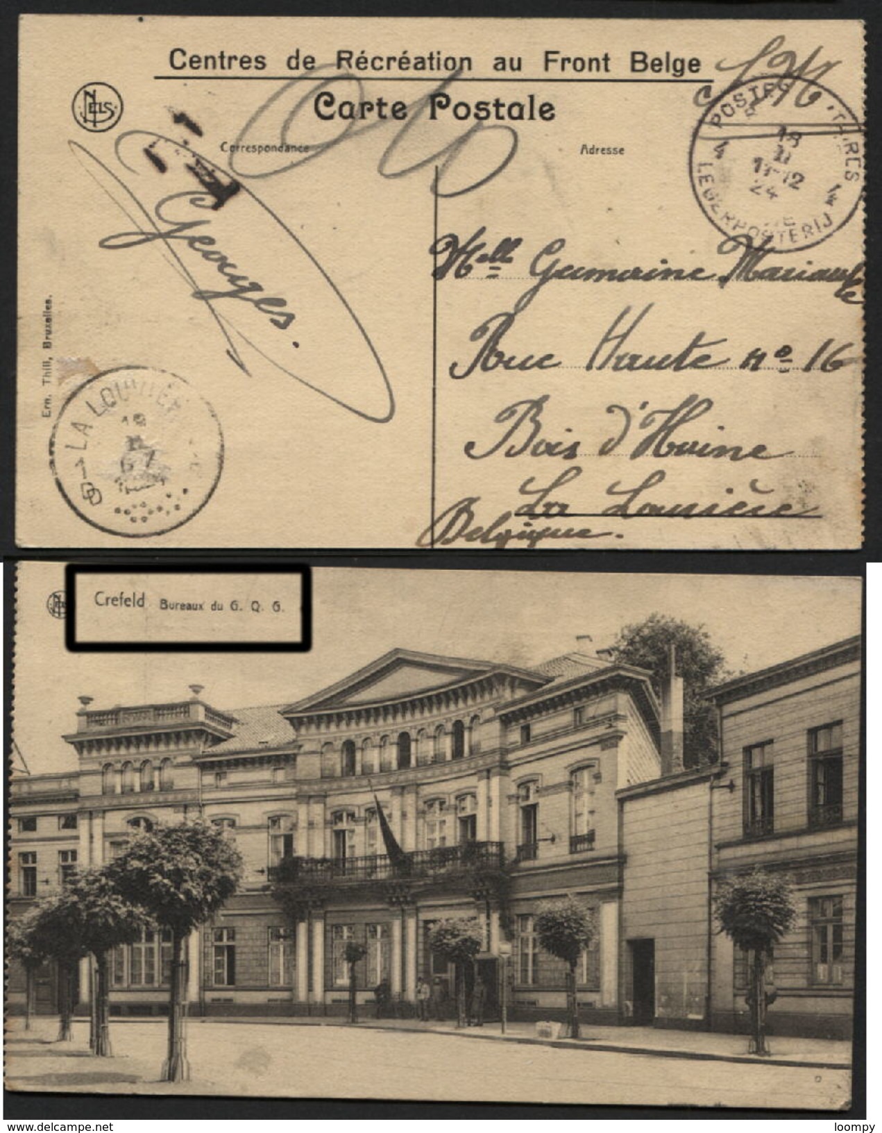 CREFELD Vue Bureaux GQG (grand Quartier Général) Carte Postale En SM Obl. PMB 4 Vers La Louvière 1924. + Gffe T (837) - OC38/54 Occupation Belge En Allemagne