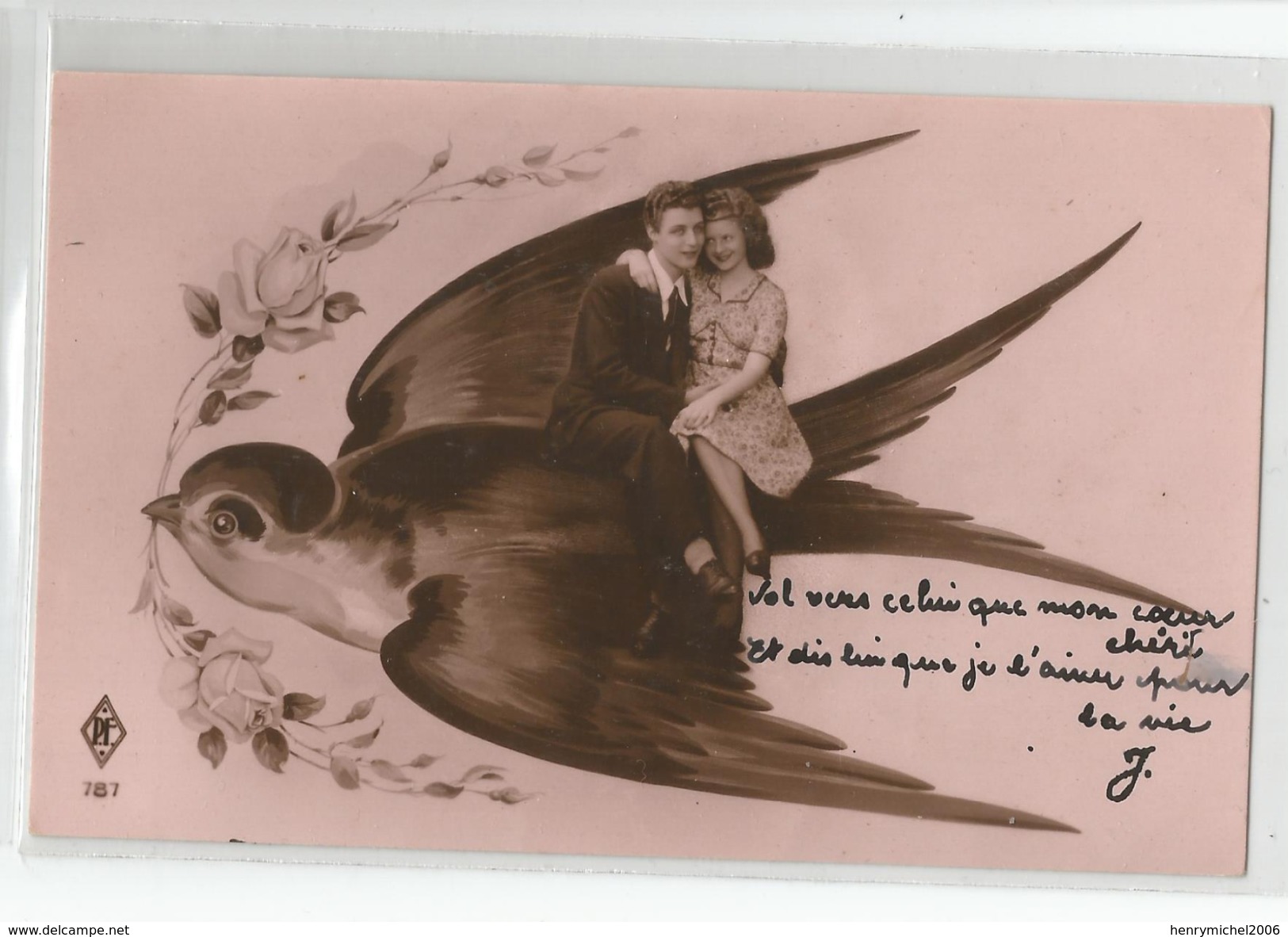 Cpa Couple Montage Photo Sur Oiseau 1944 - Photographs