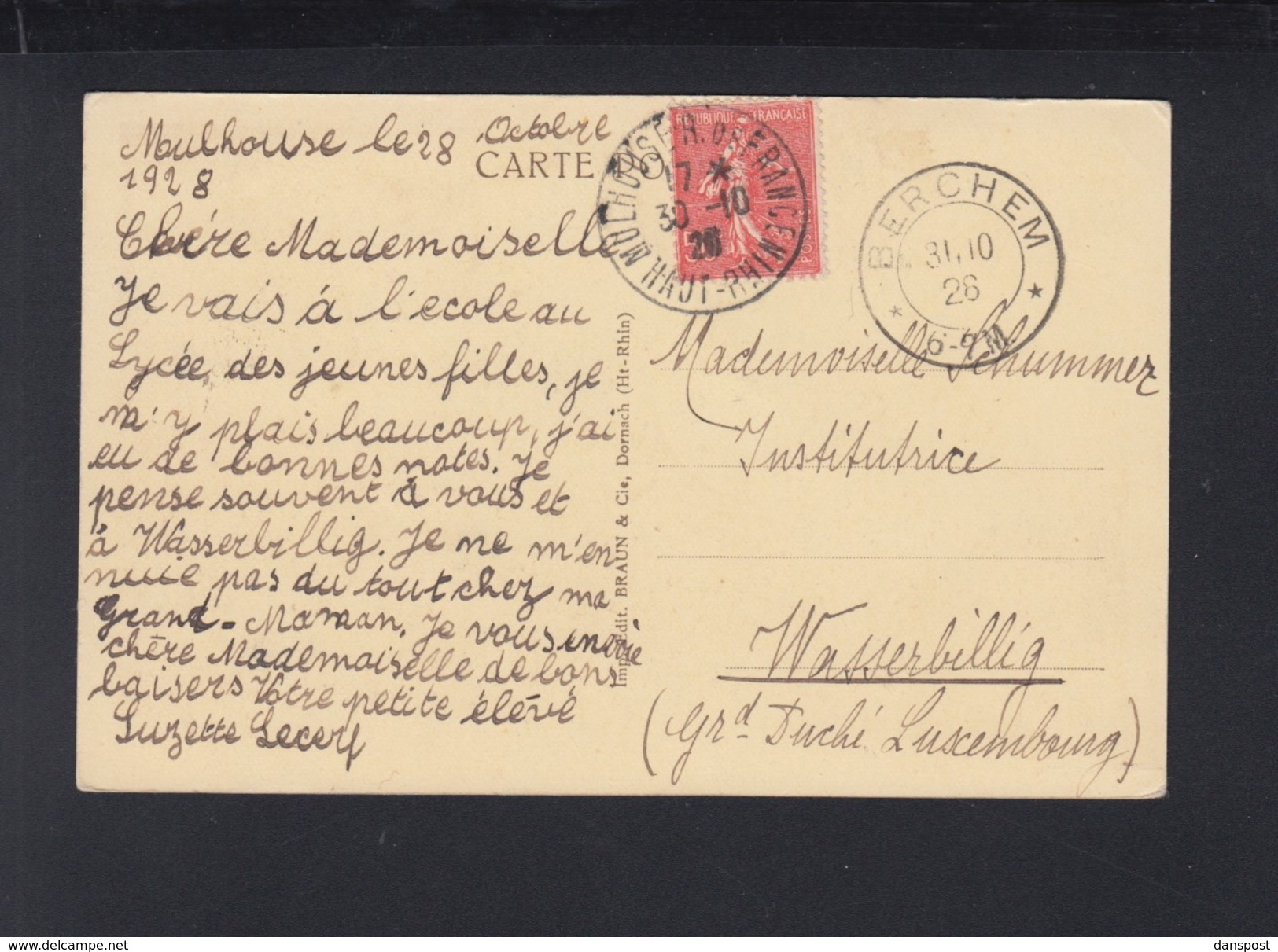 Frankreich AK Mulhouse 1928 Nach Wasserbillig Berchem Luxemburg - Covers & Documents