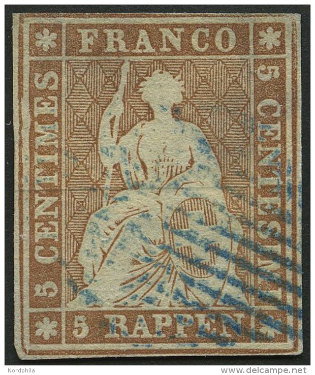 SCHWEIZ BUNDESPOST 13Ib O, 1854, 5 Rp. Braun, 2. Münchner Druck, (Zst. 22Ab), Blaue Raute, Fast Vollrandig, Feinst (mini - Gebraucht