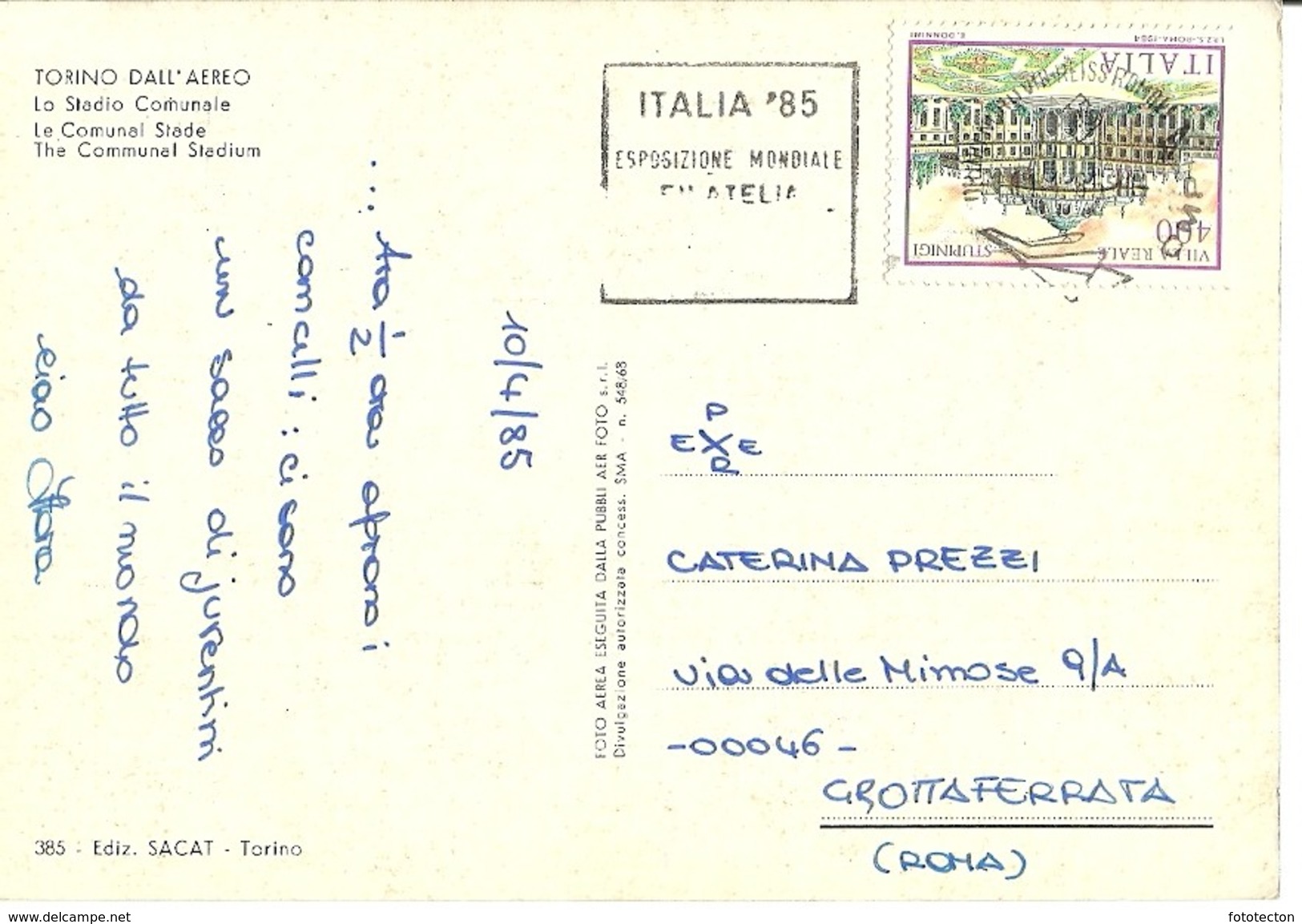 Torino Dall'aereo - Lo Stadio Comunale - 1985 - Timbro Italia '85 Esposizione Mondiale Filatelia, Roma - Storia Postale - Stadien & Sportanlagen