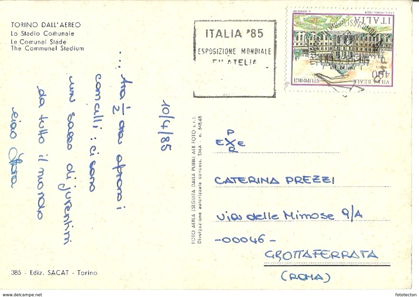 Torino Dall'aereo - Lo Stadio Comunale - 1985 - Timbro Italia '85 Esposizione Mondiale Filatelia, Roma - Storia Postale - Stadiums & Sporting Infrastructures