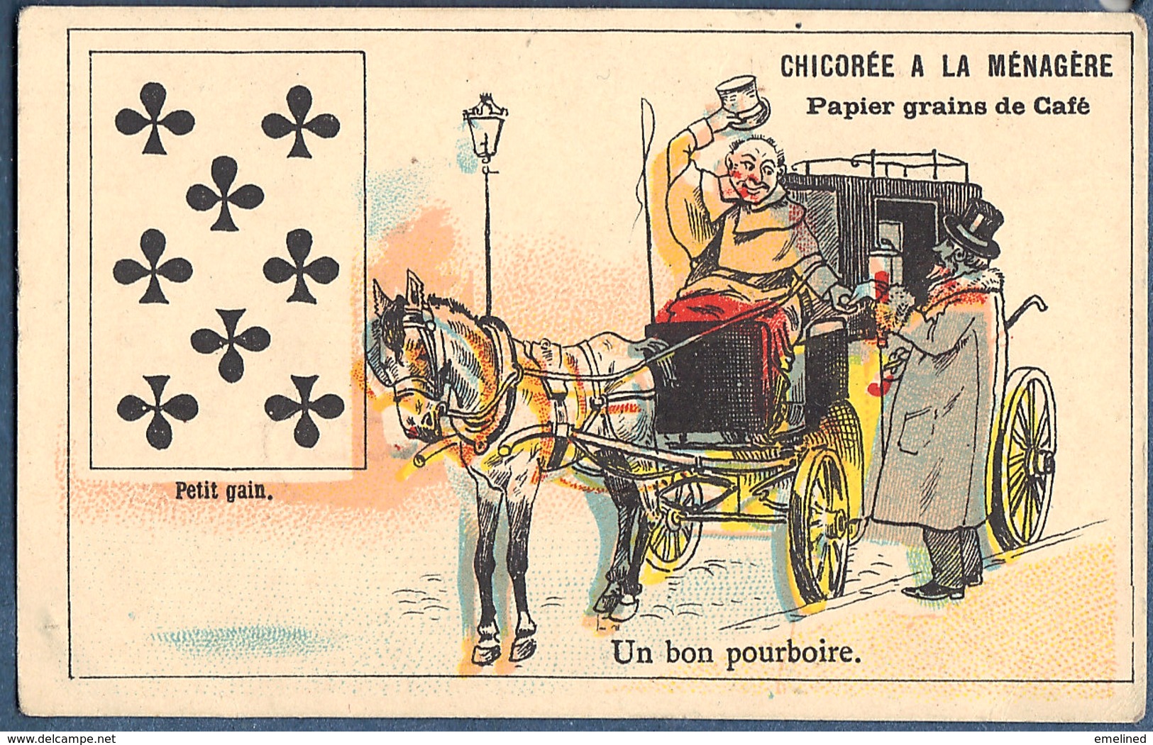 Chromo Duroyon & Et Ramette Litho Courbe Rouzet Carte à Jouer 8 Huit De Trèfle Petit Gain Cocher Un Bon Pourboire - Duroyon & Ramette