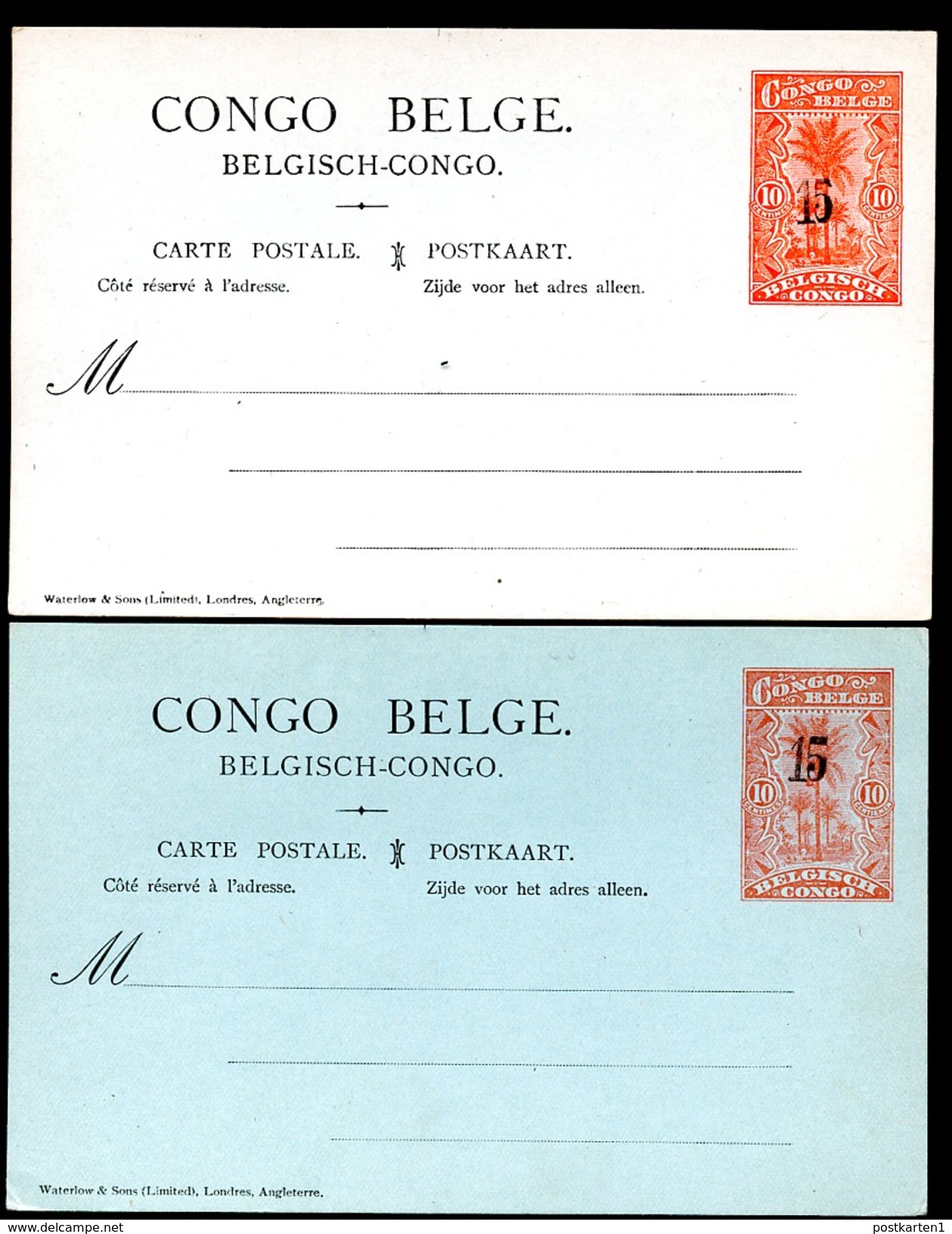 CONGO Postal Cards With Overprint #58+58a 15 On 10 Cent. Mint Vf 1921 - Ganzsachen