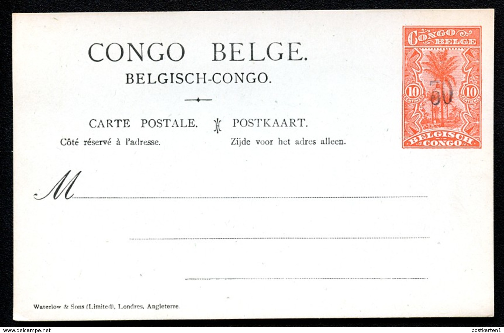 CONGO Postal Card With Overprint #59 30 On 10 Cent. Mint Vf 1921 - Ganzsachen