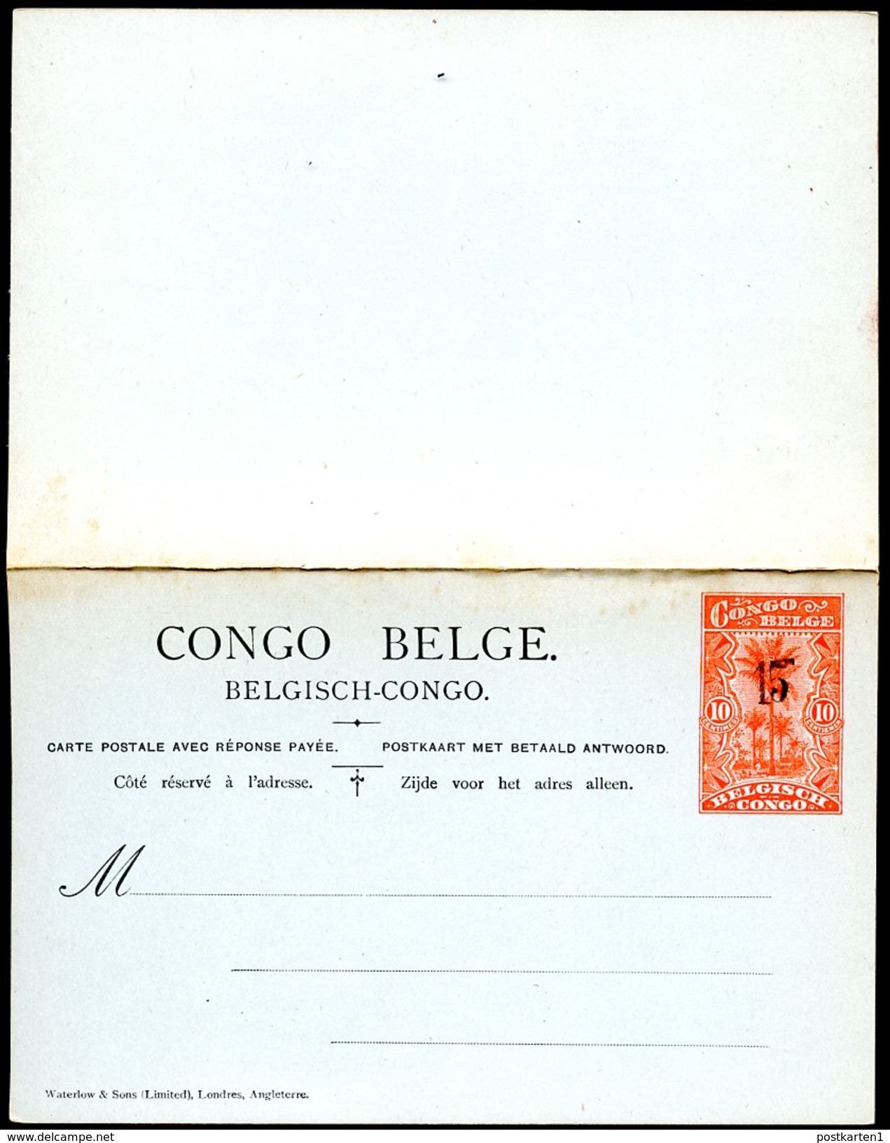 CONGO Postal Card With Reply Overprinted #61 15+15 On 10+10 Cent. Mint Vf 1921 - Ganzsachen