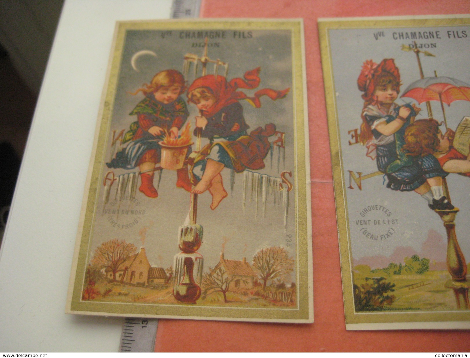 8 Litho Trade Cards SERIE COMPLETE CR 2-2-21 Impr Courbe Rouzet PUB Chamagne DECHAUX à Dijon C1880  Weather Vane Vent - Autres & Non Classés