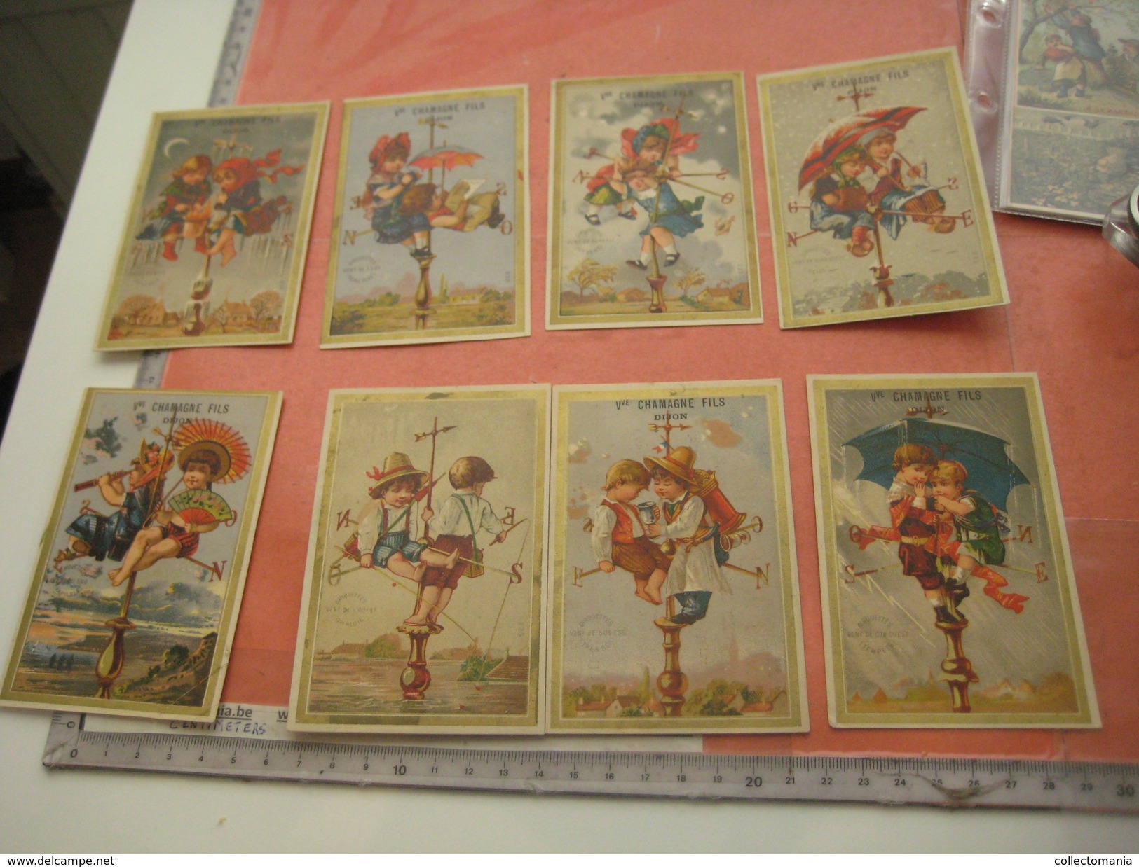 8 Litho Trade Cards SERIE COMPLETE CR 2-2-21 Impr Courbe Rouzet PUB Chamagne DECHAUX à Dijon C1880  Weather Vane Vent - Autres & Non Classés