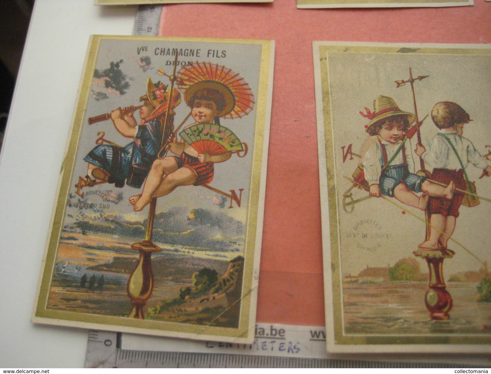 8 litho trade cards SERIE COMPLETE CR 2-2-21 impr Courbe Rouzet PUB Chamagne DECHAUX à Dijon c1880  weather Vane vent