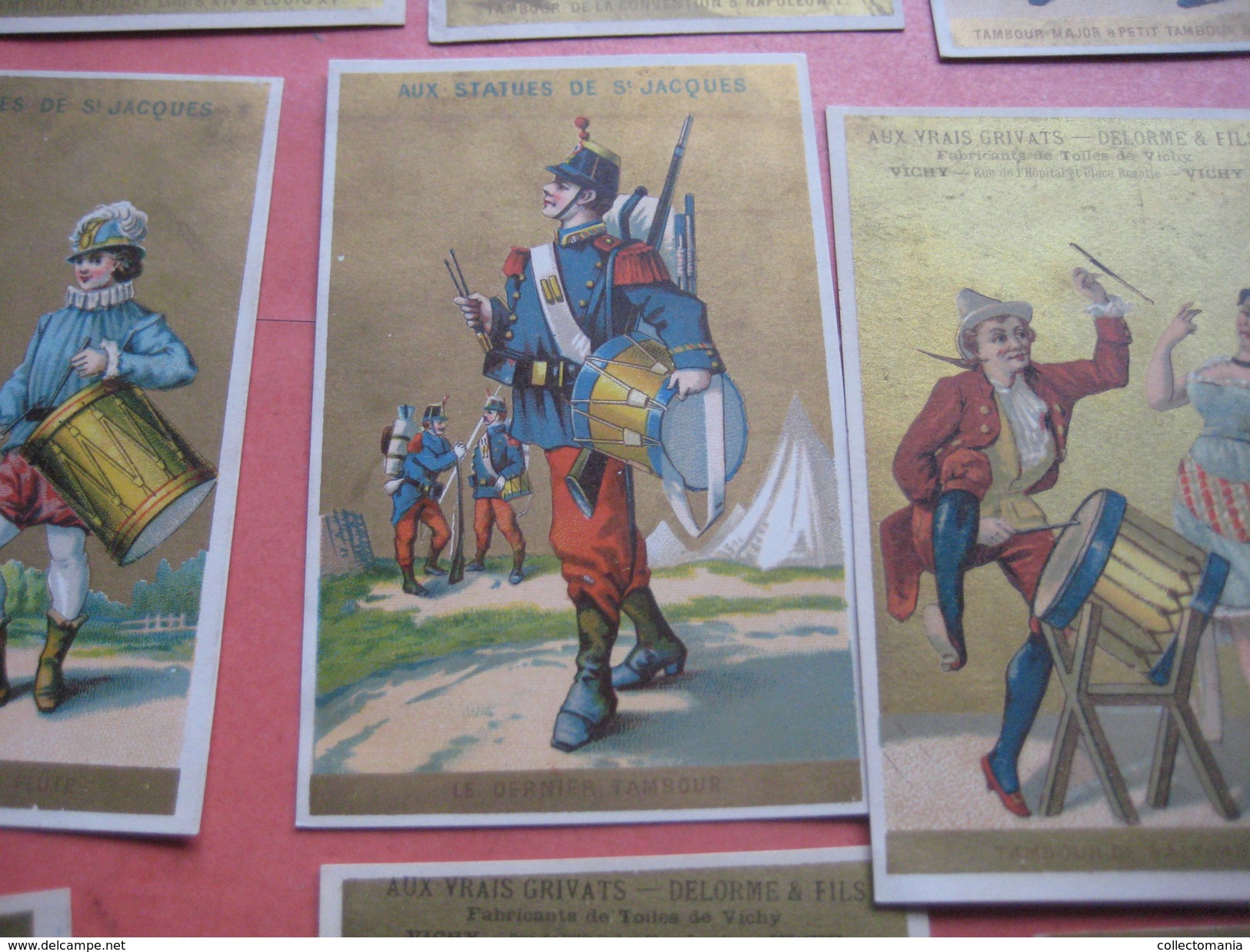 10 litho trade cards set  CR 2-2-1 impr Courbe Rouzet PUB Delorme VICHY  c1880  musique tambours militaires humor